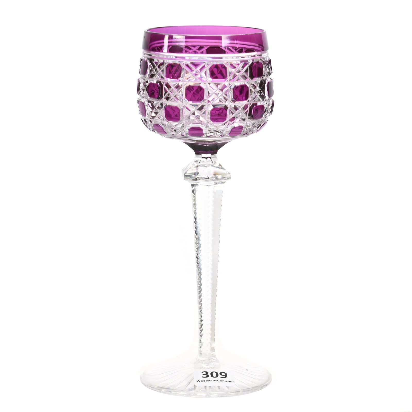 Wine Stem, BPCG, Amethyst Cut To Clear: Wine Stem, Brilliant Period Cut Glass, Amethyst Cut To Clear, 7.75" x 3", Attributed To Val St. Lambert, Cane Pattern, Ray Cut Foot, Private Collection
