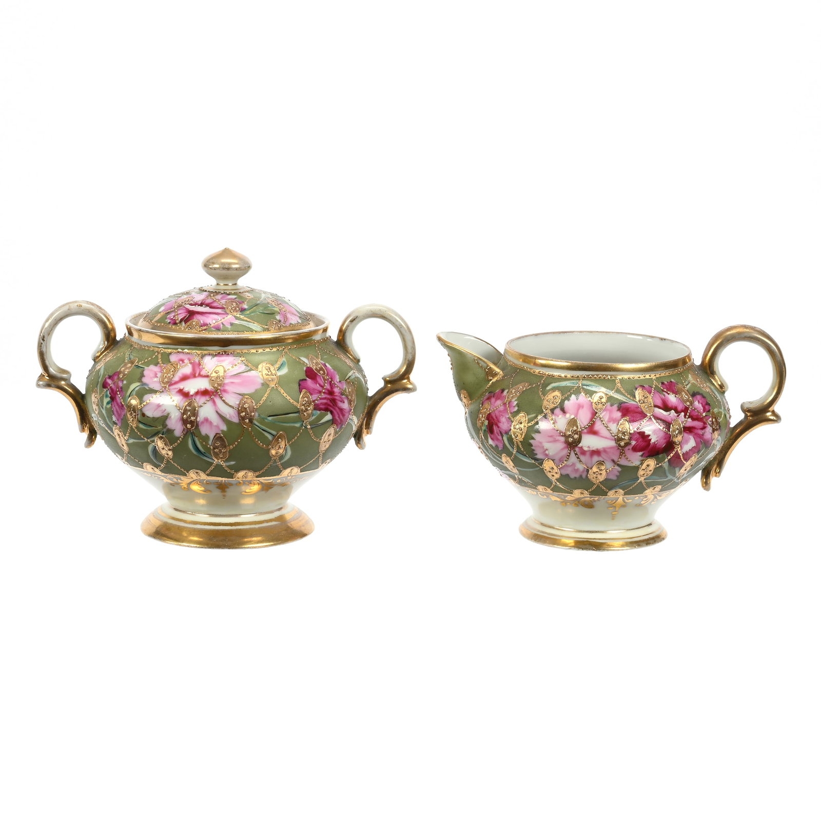 Creamer & Sugar Set, Unmarked Nippon: Creamer & Sugar Set, Unmarked Nippon, 4.5" x 6", Green And Cream Tones, Pink Floral Decor, Gold Enamel Lattice Highlights, Marc & Roberta Loescher Collection