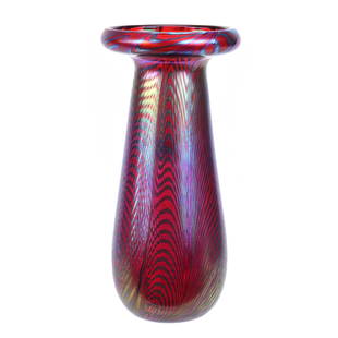 Vase, Contemporary Art Glass Signed D. Lotton: Vase, Contemporary Art Glass Signed D. Lotton, 11" x 5.25", "Web 1990", David Lotton, Beautiful Red Base Color With Blue Iridescent Threaded Web Series Design, Kansas Private Collection