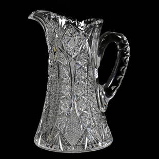 Pitcher, American Brilliant Cut Glass: Pitcher, American Brilliant Cut Glass, 10.5" x 7.75", Hobstar, Vesica, Cane, Nailhead Diamond And Fan Motif, Ray Cut Base, Outside Spout Chip, Alabama Private Collection