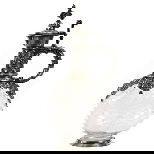 Decanter, English, Finely Engraved Cornucopia Design: Decanter, English, Finely Engraved Cornucopia Design, 12.75" x 6", Ornate Embossed Silver Fittings, Decanter Is Ovoid Shape, Unidentified Silver Hallmark, .84 Purity Silver With Elaborate Design And F