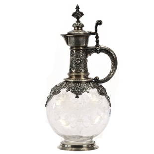 Decanter, English, Finely Engraved Cornucopia Design: Decanter, English, Finely Engraved Cornucopia Design, 12.75" x 6", Ornate Embossed Silver Fittings, Decanter Is Ovoid Shape, Unidentified Silver Hallmark, .84 Purity Silver With Elaborate Design And F