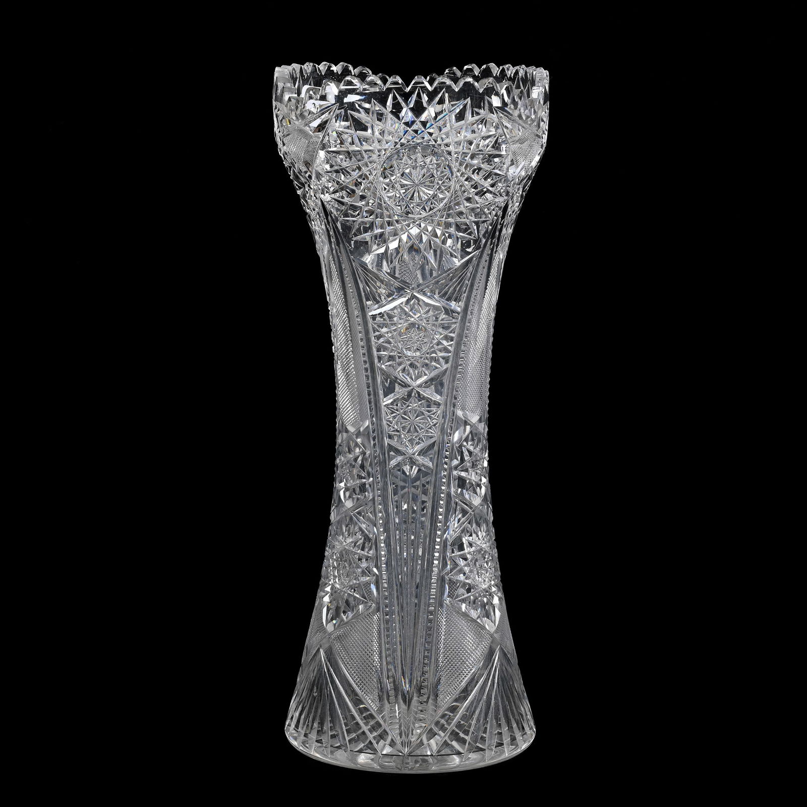 Vase, American Brilliant Cut Glass: Vase, American Brilliant Cut Glass, 14" x 5.5", Hobstar, Strawberry Diamond, Prism And Fan Motif, Tooth Chip, Alabama Private Collection