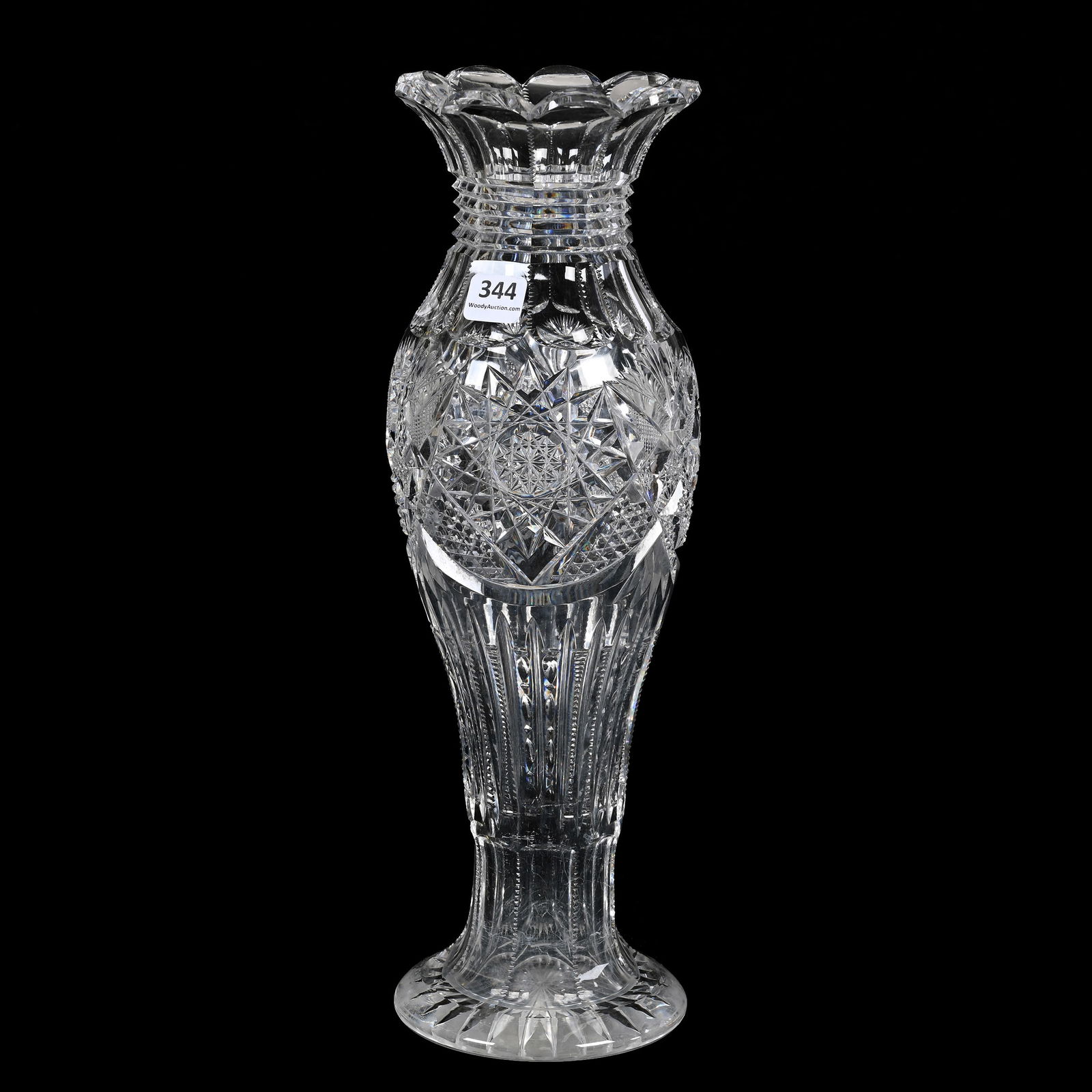Vase, American Brilliant Cut Glass: Vase, American Brilliant Cut Glass, 14" x 4.5", Hobstar, Nailhead Diamond, Strawberry Diamond, Prism And Fan Motif, Ray Cut Base, Interior Needs Some Cleaning, Two Rim Chips, Alabama Private Collectio