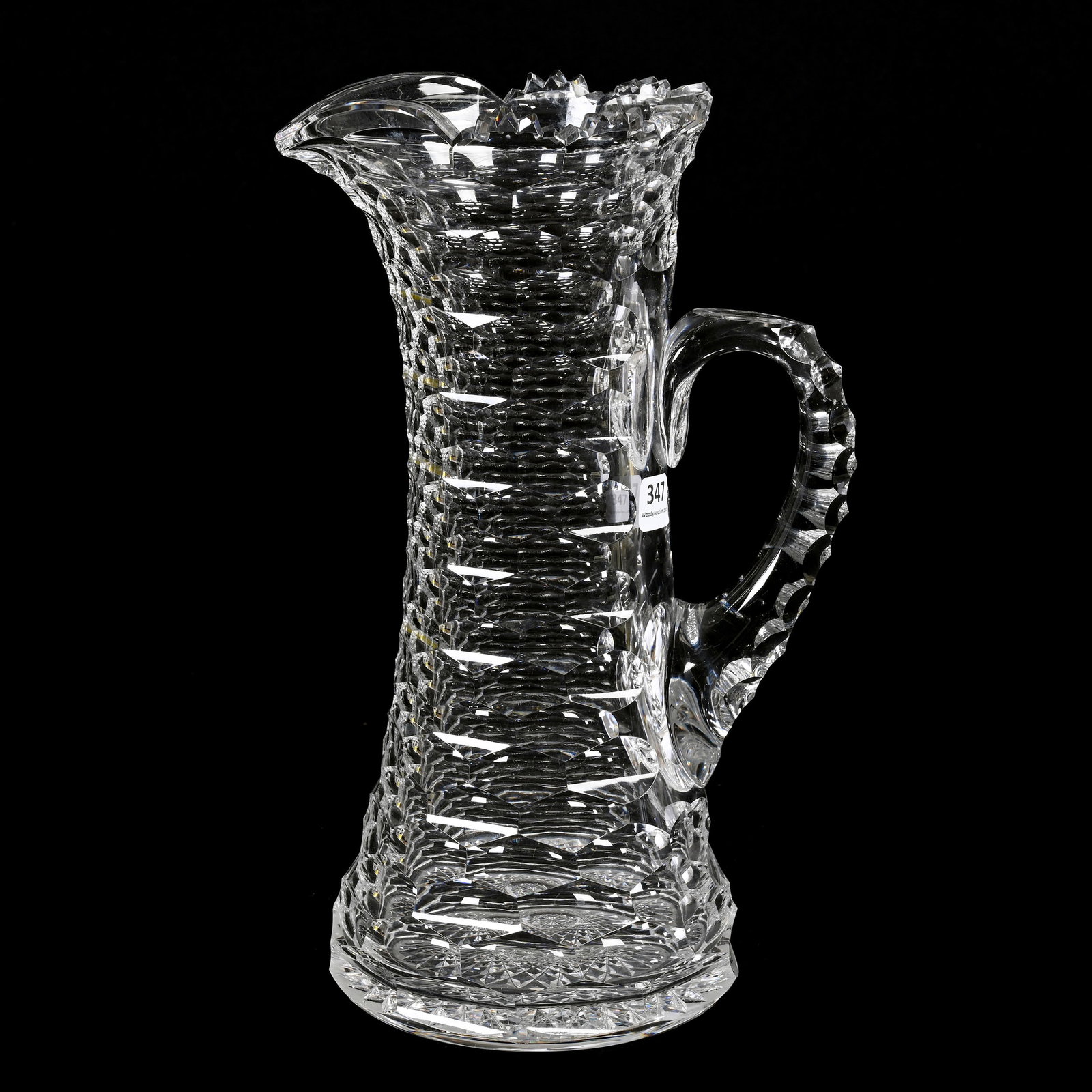 Tankard, ABCG, Hollow Diamond Pattern: Tankard, American Brilliant Cut Glass, Hollow Diamond Pattern, 12" x 7.5", Attributed To Dorflinger, Triple Notched Handle, Hobstar Base, Side Tooth Chip, Small Nick On Handle Pattern, Alabama Private