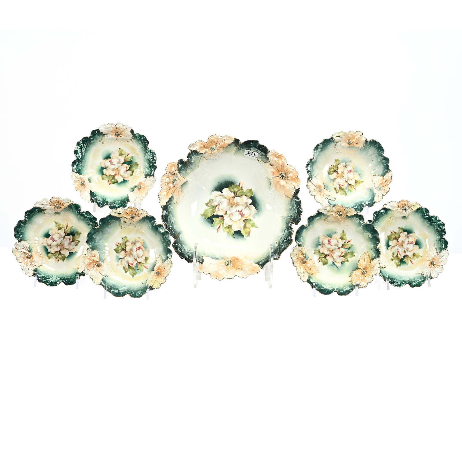 Berry Set Marked R.S. Prussia, Carnation Mold: Berry Set Marked R.S. Prussia, Carnation Mold, White, Green And Yellow Tones, Magnolia Decor, (1) 9.25" Master Bowl And (6) Matching 5.5" Berry Bowls, One Berry Bowl Has Base Ring Chip, Alabama Privat