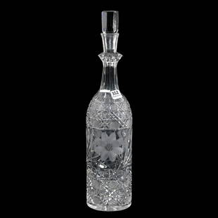 Whiskey Bottle, American Brilliant Cut Glass: Whiskey Bottle, American Brilliant Cut Glass, 15" x 3.5", Engraved Floral And Harvard Pattern, Original Stopper, Facet Cut Ring Neck, Ray Cut Base, Alabama Private Collection