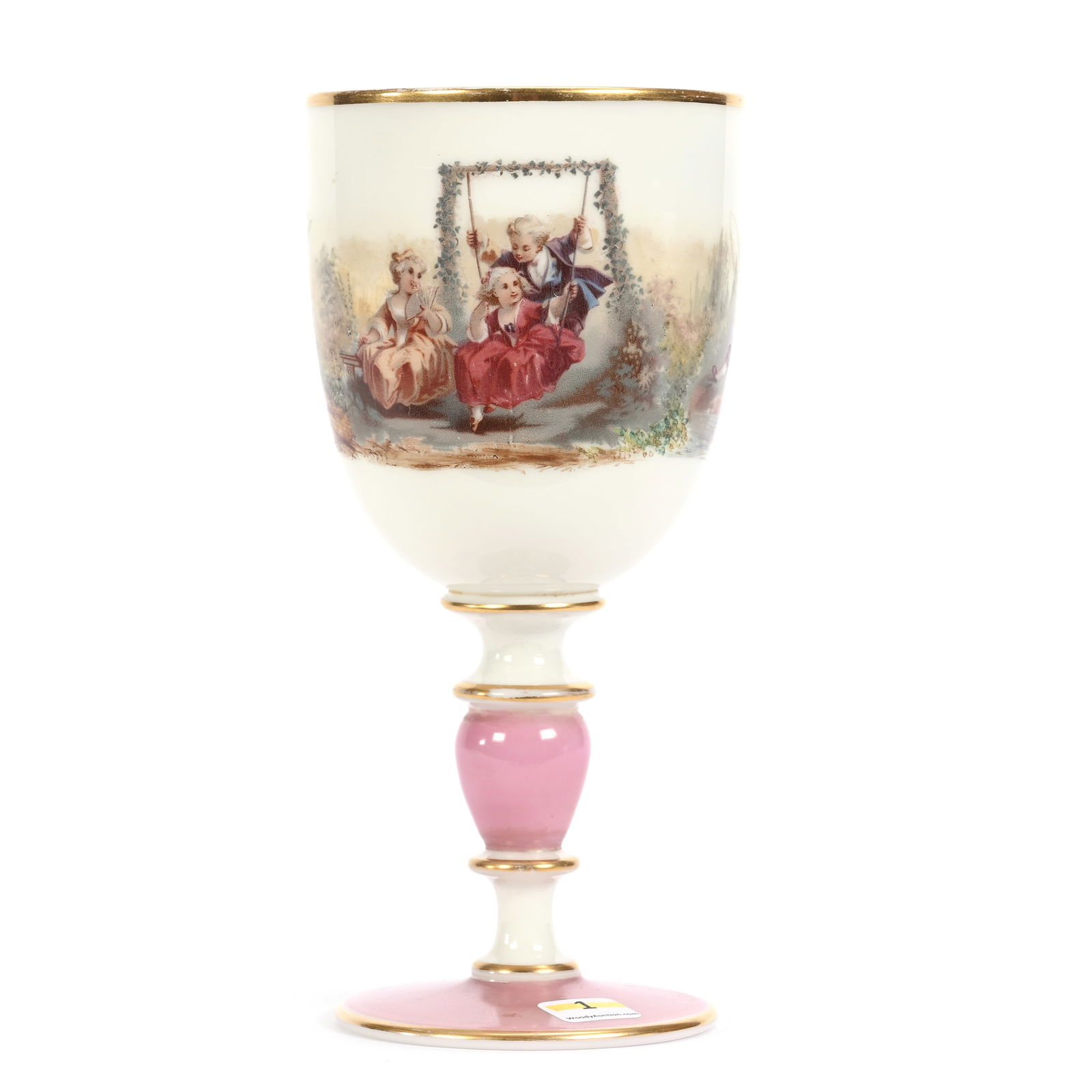 Chalice, French Opaline Art Glass: Chalice, French Opaline Art Glass, 9.25" x 4.25", Pink And White With Classic Young Courting Scenes, MA Private Family Collection.