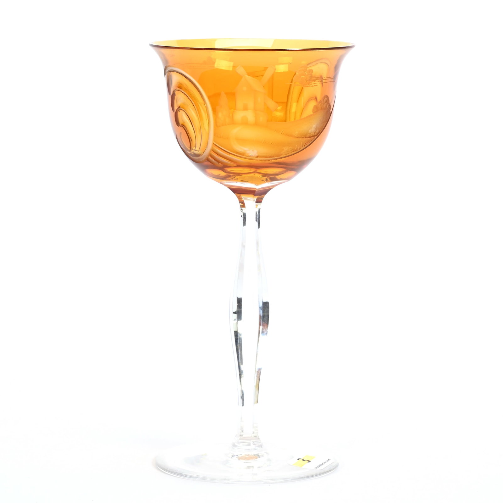 Wine Stem, European Amber Cut To Clear: Wine Stem, European Amber Cut To Clear, 7.75" x 3.75", Amber Bowl With Engraved Farm Scenic Decor, Scroll Highlights, Clear Stem And Foot, MA Private Family Collection.