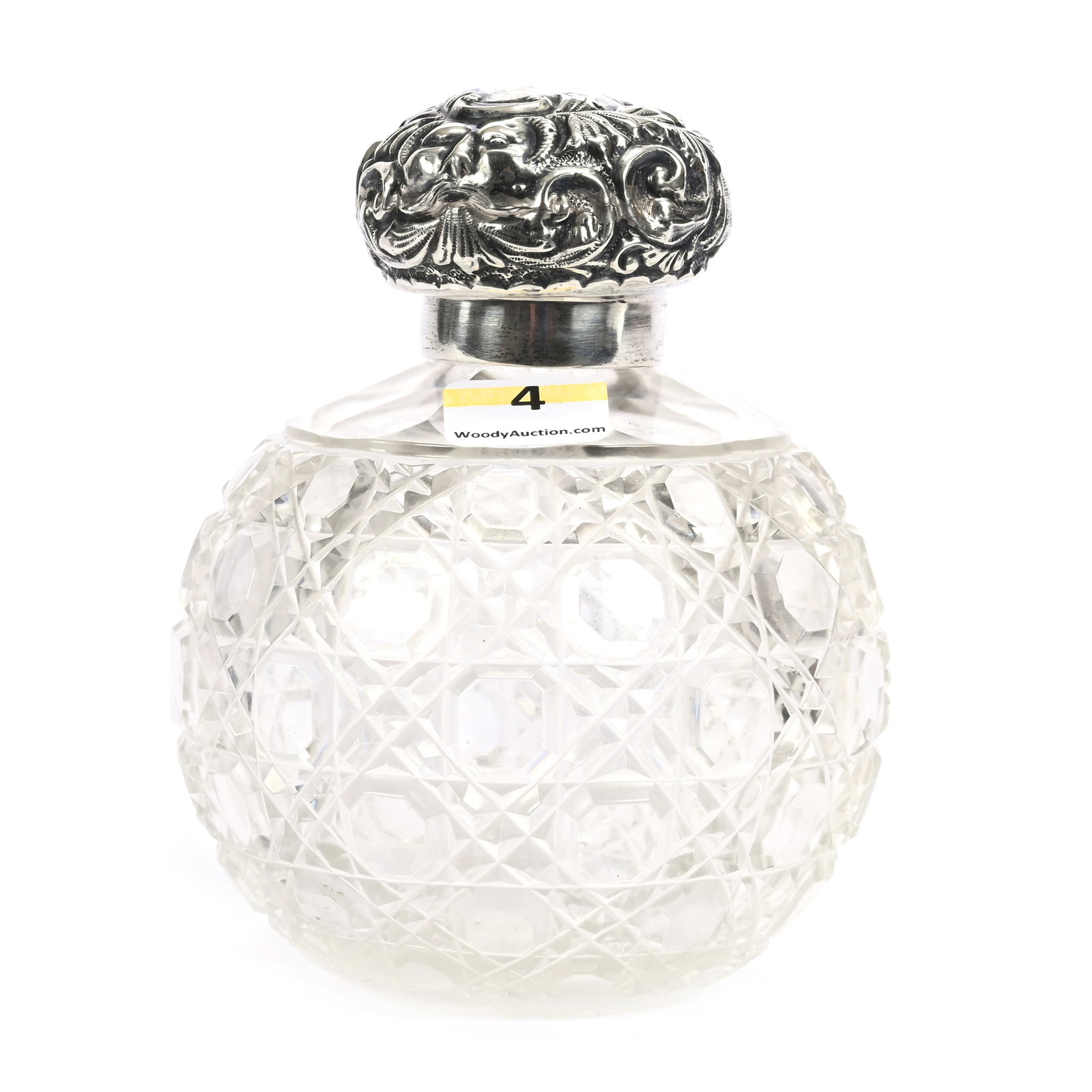 Cologne Bottle, Brilliant Period Cut Glass: Cologne Bottle, Brilliant Period Cut Glass, 5" x 4", Cane Pattern, Embossed Sterling Silver Twist Top, Cork Stopper, MA Private Family Collection.
