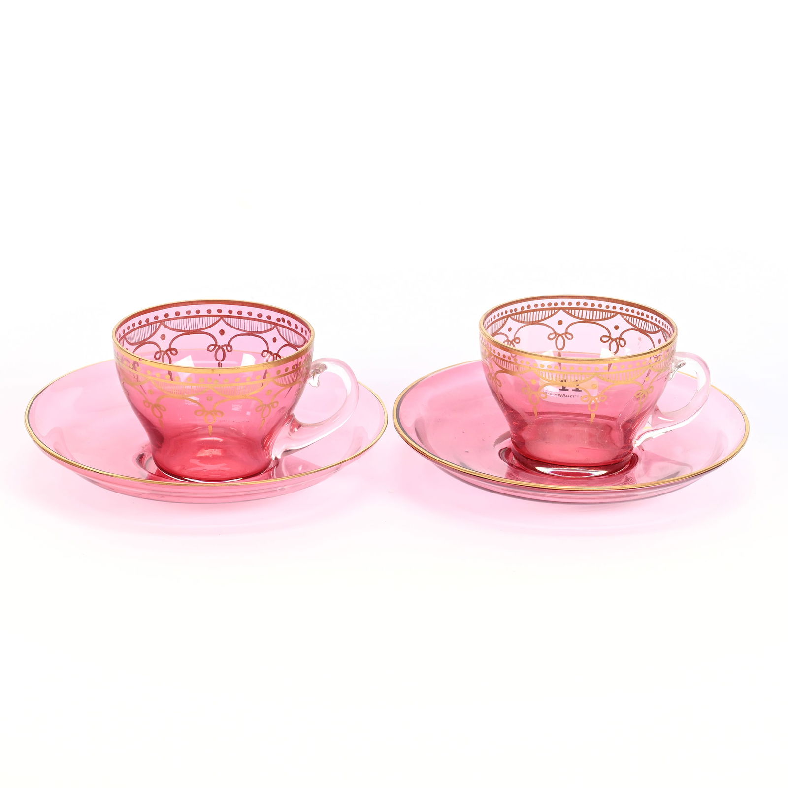 Pair Cups & Saucers, Cranberry Art Glass (1 of 5)