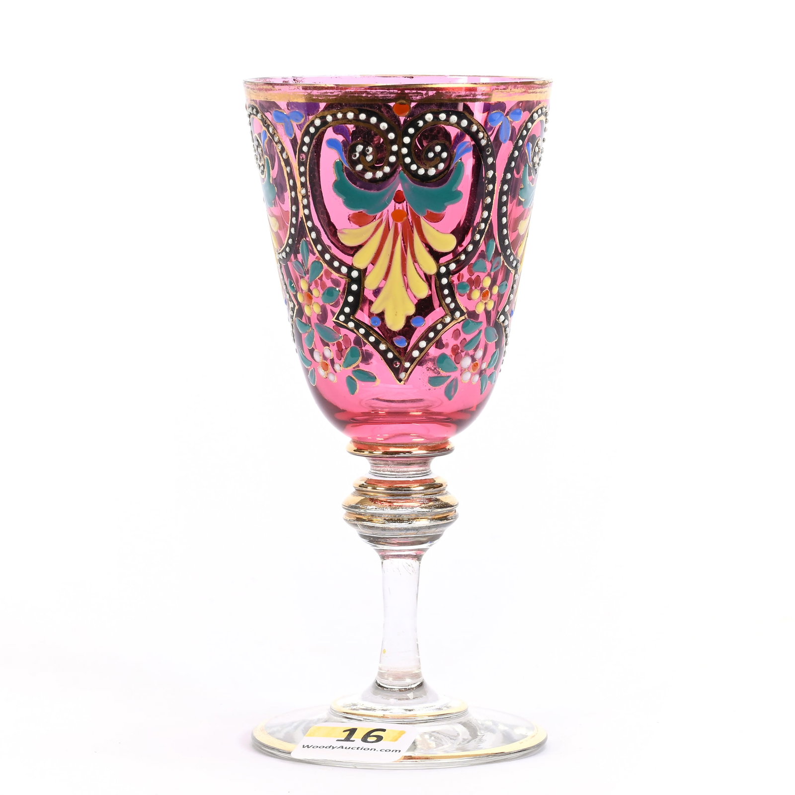 Wine Stem, Cranberry Bohemian Art Glass, Unmarked: Wine Stem, Cranberry Bohemian Art Glass, Unmarked, 5.25" x 2.5", Heavy Enamel Floral Decor, Gold Trim Highlights, Clear Stem And Foot, Rim Nick, MA Private Family Collection.