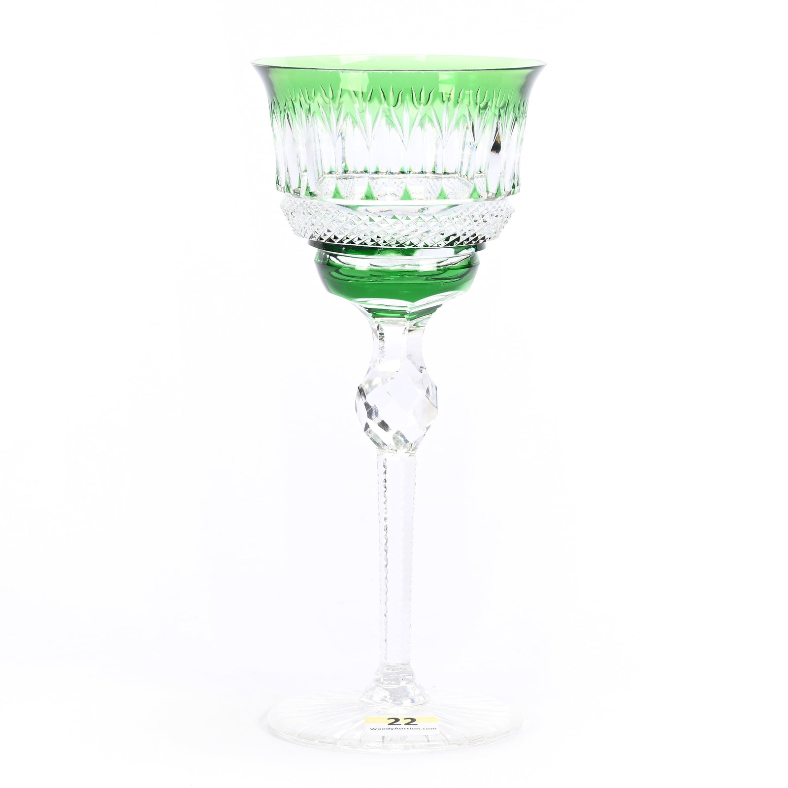 Wine Stem, Brilliant Period Cut Glass, Green Cut To Clear: Wine Stem, Brilliant Period Cut Glass, Green Cut To Clear, 8" x 3.5", Diamond, Miter And Fan Motif, Facet Cut Knob Stem, Ray Cut Foot, MA Private Family Collection.