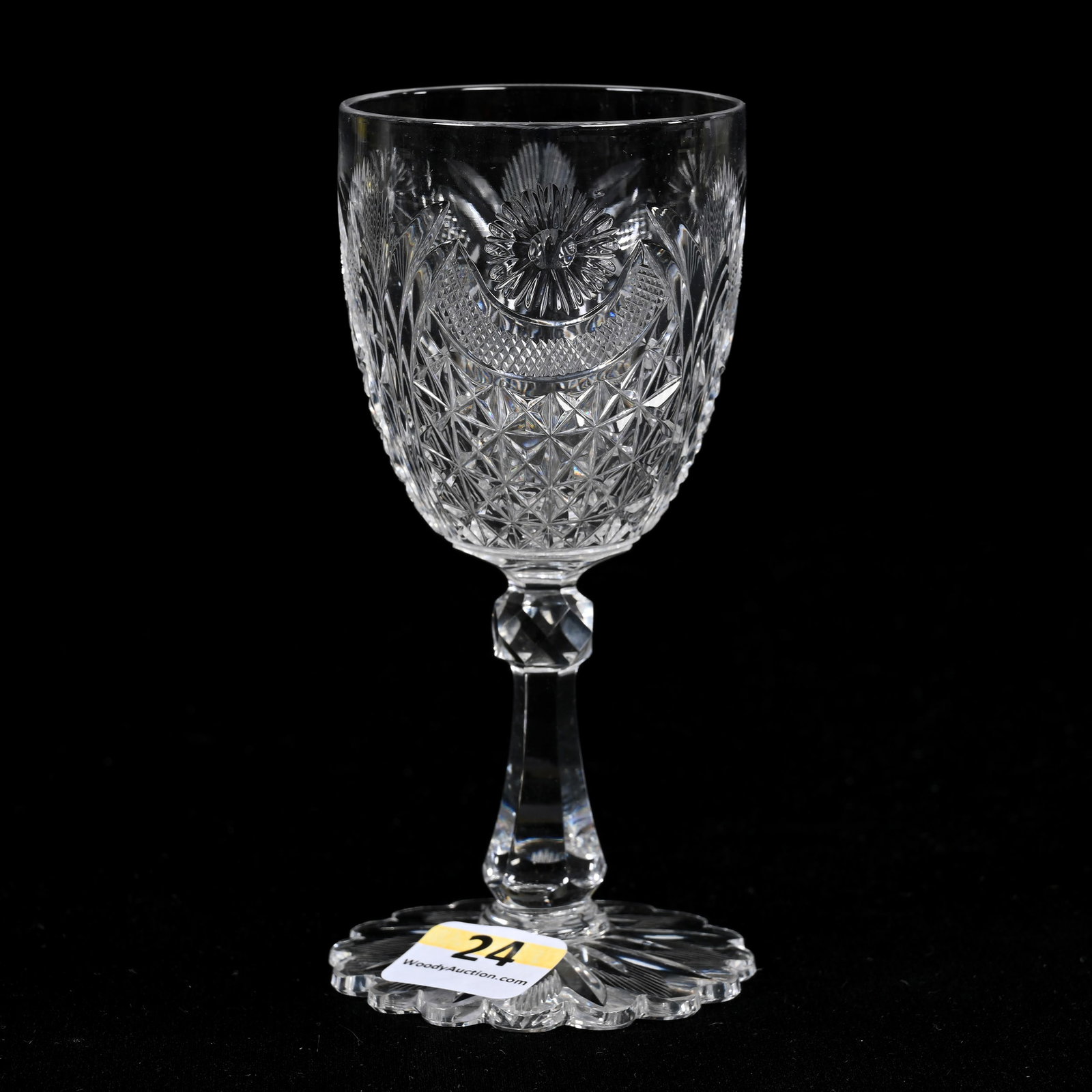 Wine Stem, Brilliant Period Cut Glass: Wine Stem, Brilliant Period Cut Glass, 4.75" x 2.25", Clear With Diamond, Strawberry Diamond, Miter And Floral Blossom Motif, Scalloped Flashed Ray Foot, MA Private Family Collection.