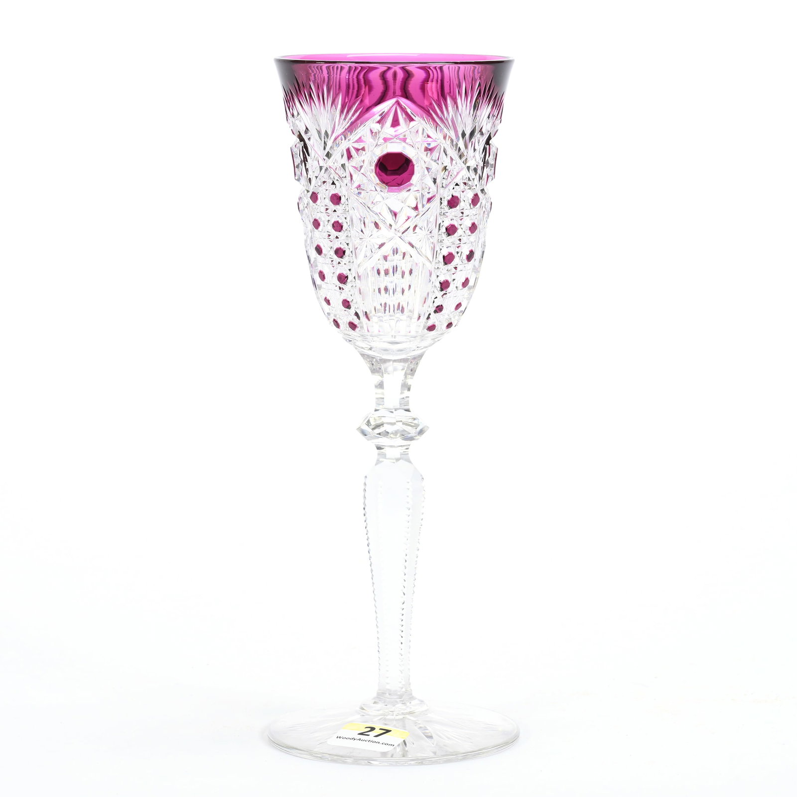 Wine Stem, Brilliant Period Cut Glass, Amethyst Cut To Clear: Wine Stem, Brilliant Period Cut Glass, Amethyst Cut To Clear, 8.5" x 3", Attributed To Val St. Lambert, Hobstar, Cane, Miter, Star And Fan Motif, Brooklyn Star Foot, MA Private Family Collection.