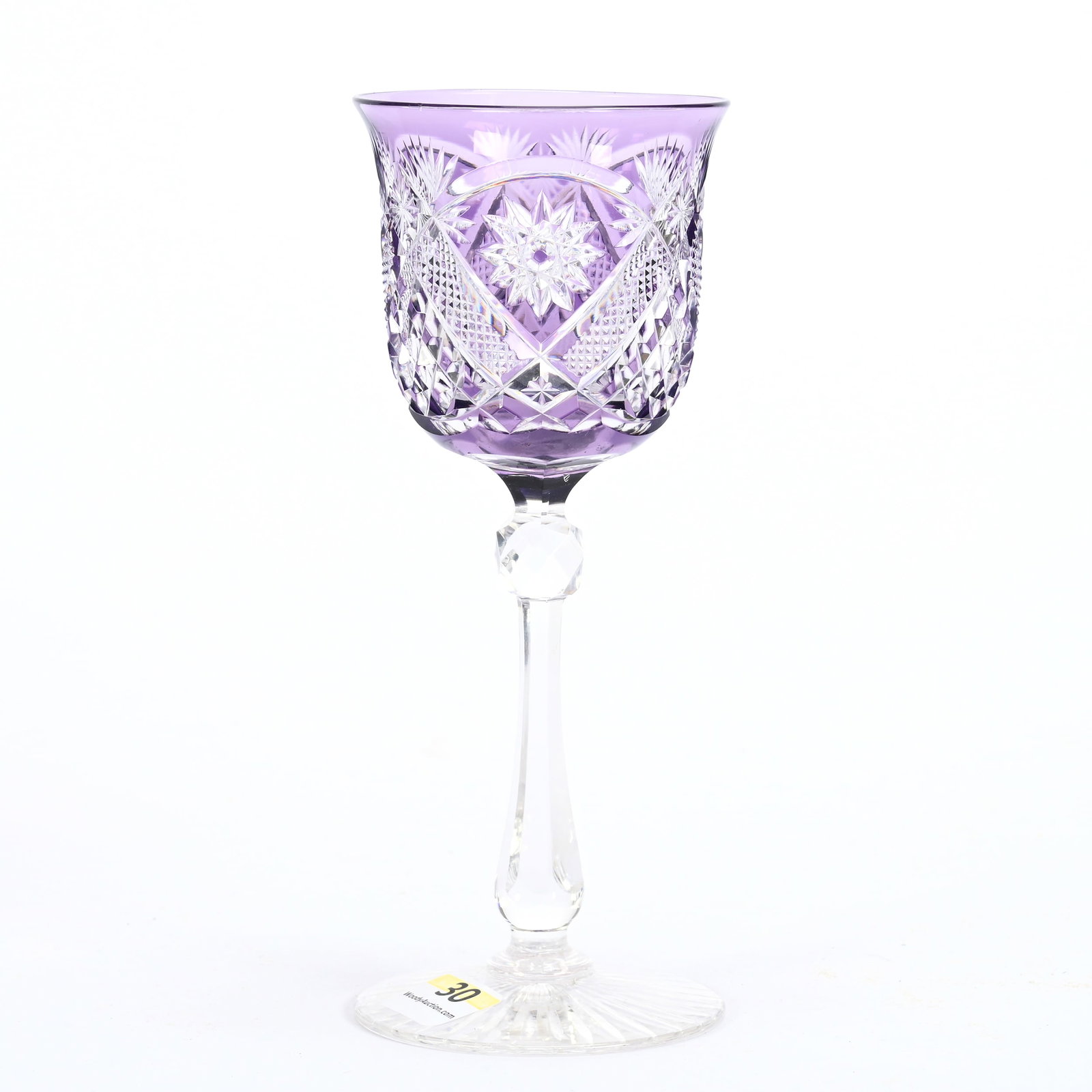 Wine Stem, Brilliant Period Cut Glass, Amethyst Cut To Clear: Wine Stem, Brilliant Period Cut Glass, Amethyst Cut To Clear, 6.75" x 2.75", Hobstar, Diamond, Strawberry Diamond, Star And Fan Motif, MA Private Family Collection.