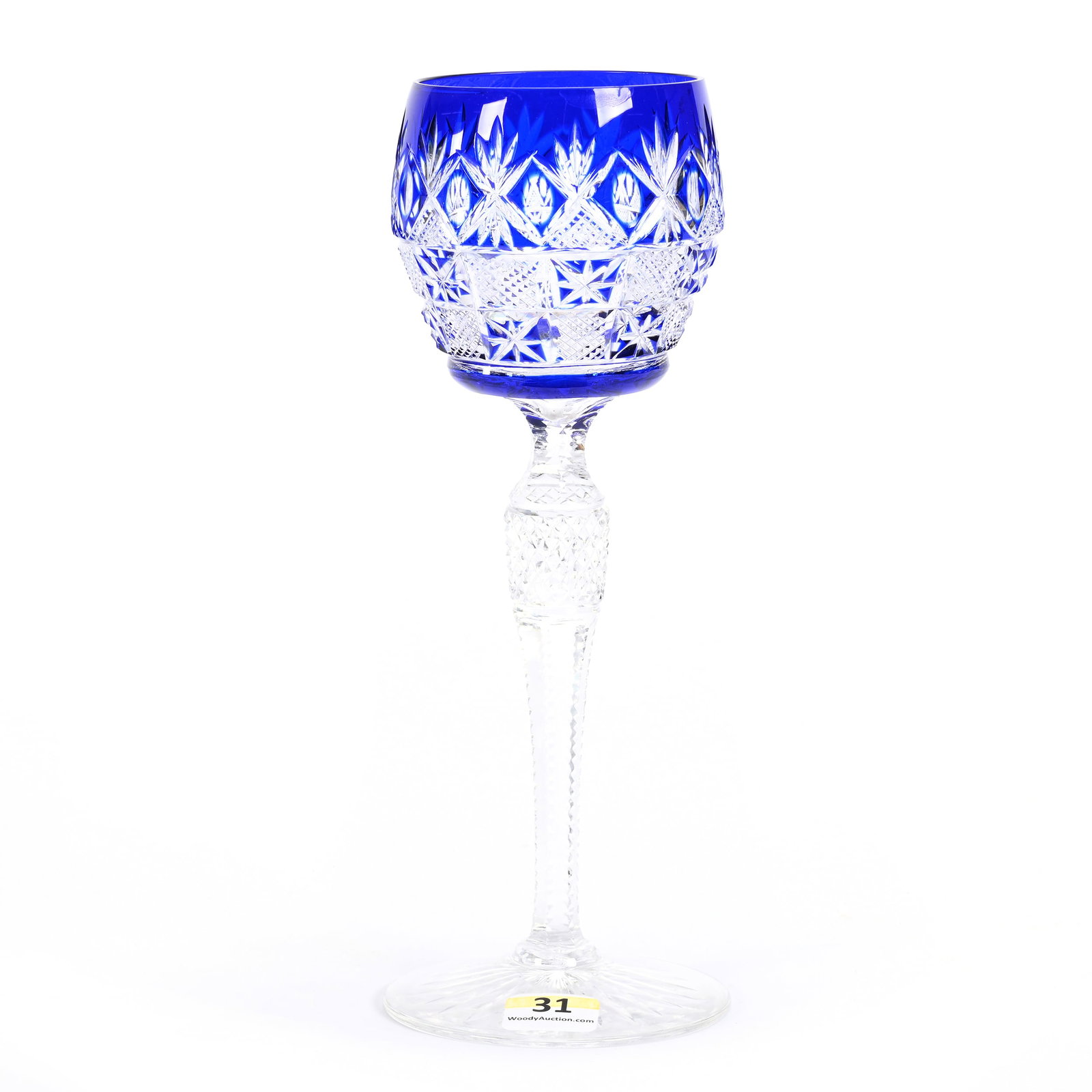 Wine Stem, Brilliant Period Cut Glass, Cobalt Blue Cut To Clear: Wine Stem, Brilliant Period Cut Glass, Cobalt Blue Cut To Clear, 8.75" x 3.25", Block, Strawberry Diamond, Star And Fan Motif, Diamond Cut Stem, Ray Cut Foot, MA Private Family Collection.