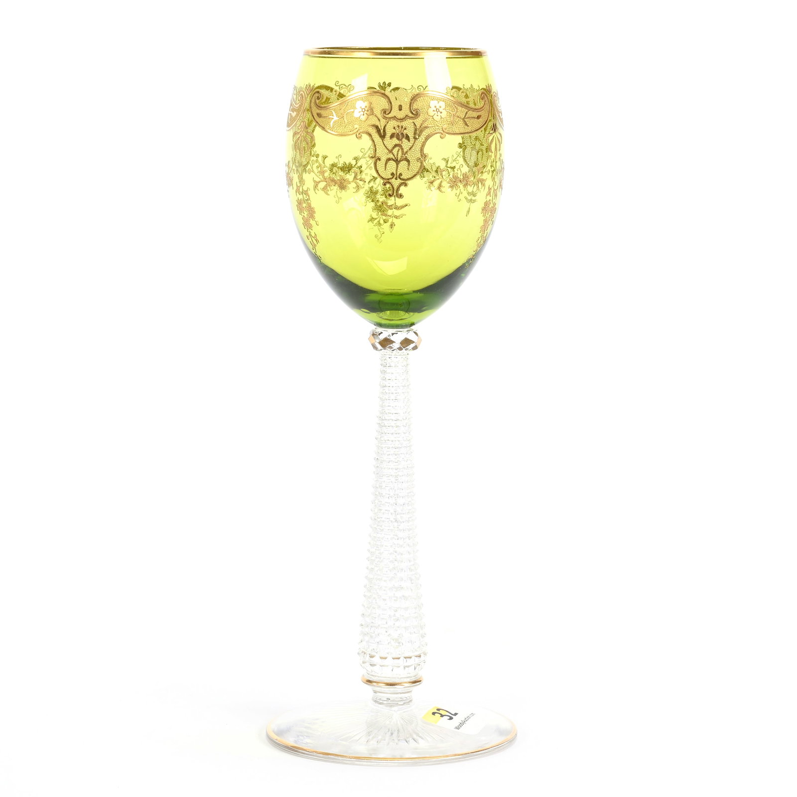 Wine Stem, Bohemian Art Glass: Wine Stem, Bohemian Art Glass, 7.75" x 2.75", Green Bowl With Garland And Floral Design, Gold Stencil Highlights, Diamond Cut Stem, Ray Cut Foot, MA Private Family Collection.