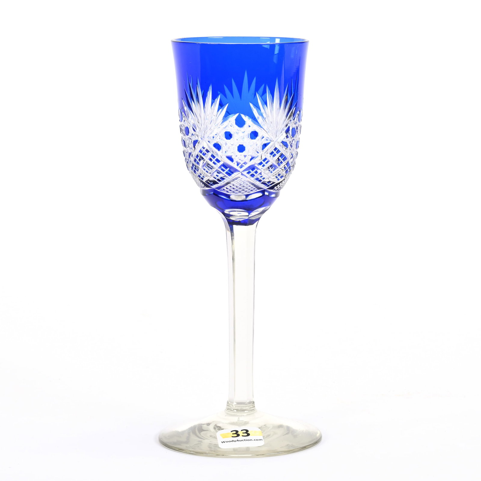 Wine Stem, Brilliant Period Cut Glass, Cobalt Blue Cut To Clear: Wine Stem, Brilliant Period Cut Glass, Cobalt Blue Cut To Clear, 8" x 3", Cane, Crosscut Diamond, Strawberry Diamond And Fan Motif, MA Private Family Collection.