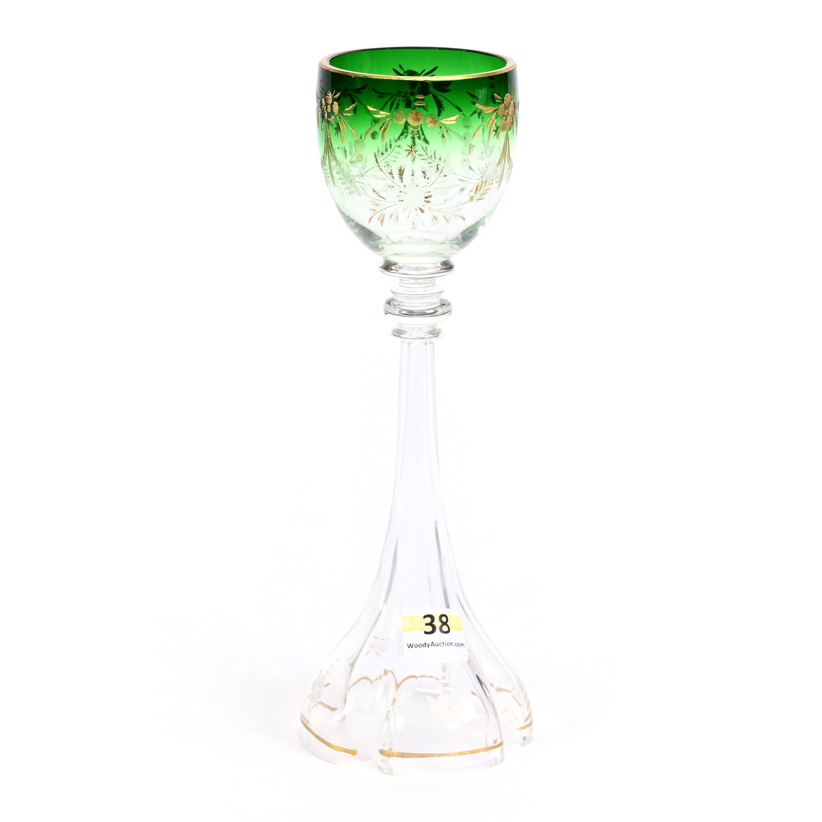 Wine Stem, Bohemian Art Glass: Wine Stem, Bohemian Art Glass, 8.5" x 3", Green Shading To Clear, Engraved Floral Garland, Blown Mold Base, Gold Stencil Highlights, MA Private Family Collection.