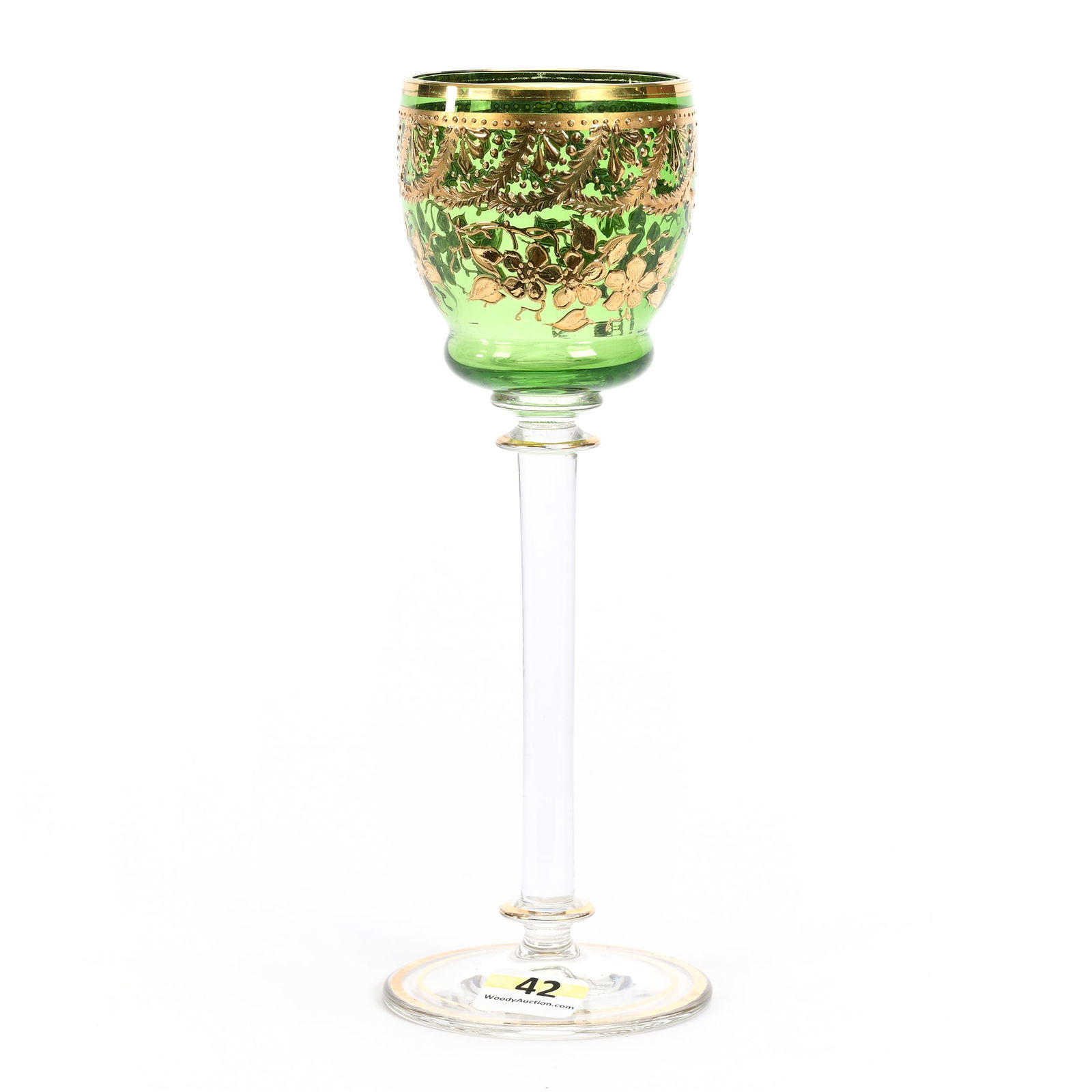 Wine Stem, Bohemian Art Glass: Wine Stem, Bohemian Art Glass, 8" x 2.75", Green With Gold Enamel Floral Decor, Clear Column Stem And Foot, MA Private Family Collection.
