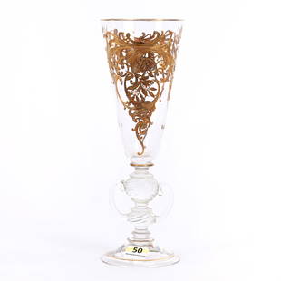 Goblet Signed Fritz Heckert Bohemian Art Glass: Goblet Signed Fritz Heckert Bohemian Art Glass, 9.25" x 3", Hand Blown, Clear With Heavy Gold Scroll Design And Enamel White Blossom Highlights, Two Applied Handles On Stem, MA Private Family Collecti