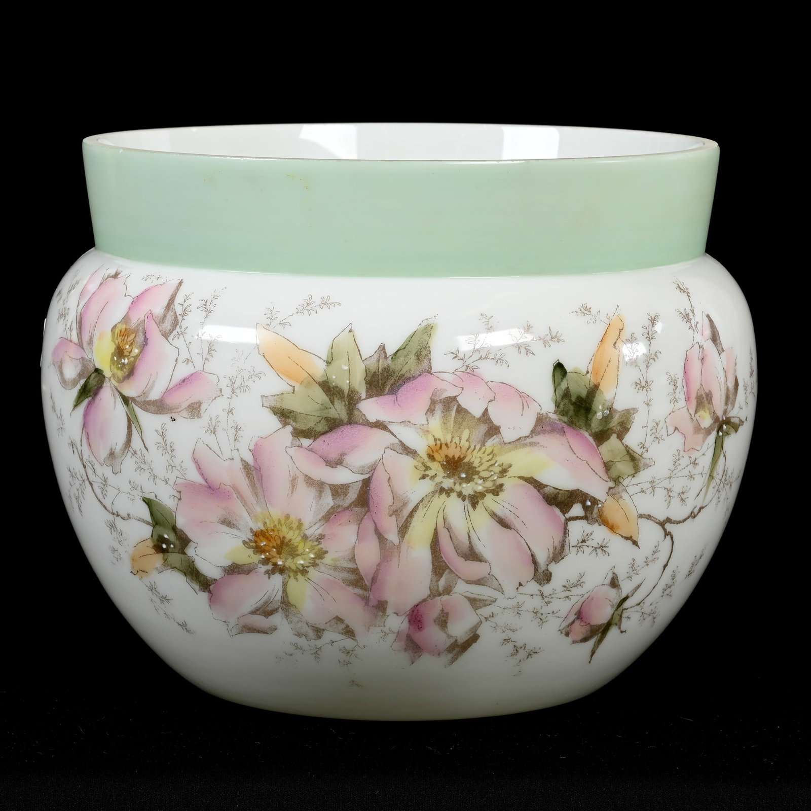 Jardiniere, Unmarked Wave Crest Art Glass: Jardiniere, Unmarked Wave Crest Art Glass, 7.75" x 10", Green And White Tones, Pink Floral Decor, Large Interior Open Bubble, Wendell & Mildred Armstrong Collection, Iowa