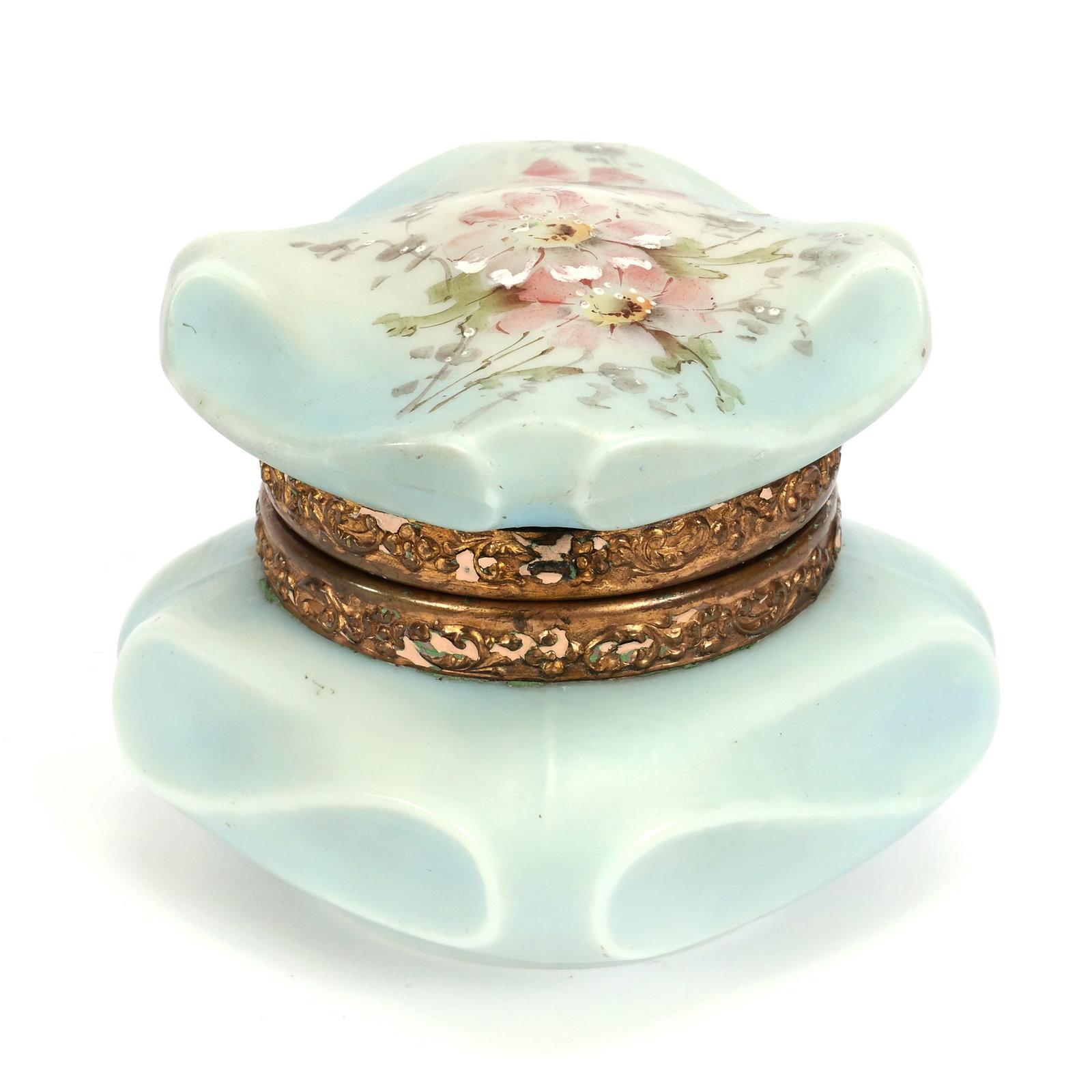 Jewel Box, Wave Crest Stamp Mark: Jewel Box, Wave Crest Stamp Mark, 3.5" x 4.5", Bishop's Hat Mold, Blue Tones, Pink Floral Decor, Original Lining, No Clasp, Wendell & Mildred Armstrong Collection., Iowa
