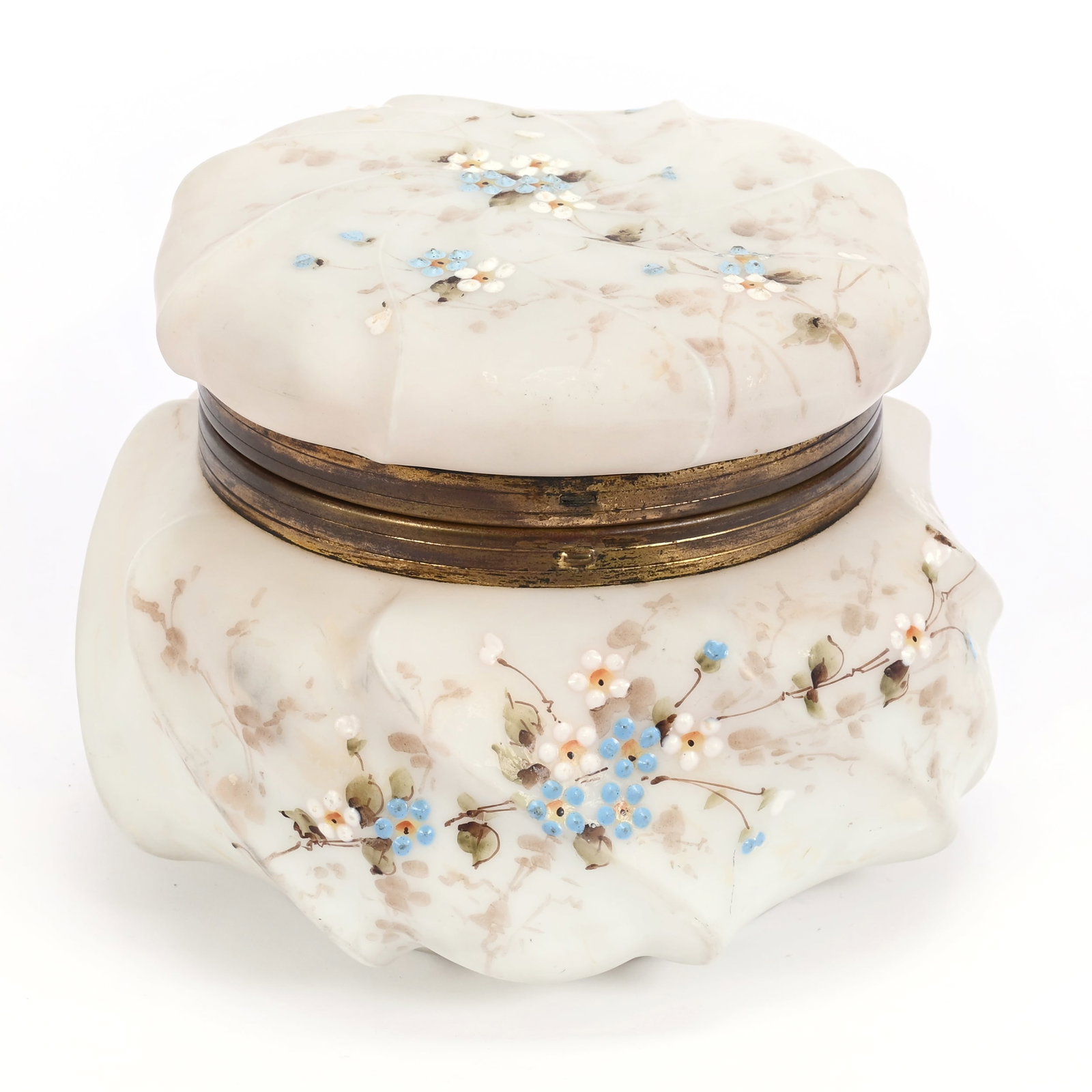 Jewel Box, Unmarked Wave Crest Art Glass: Jewel Box, Unmarked Wave Crest Art Glass, 4.75" x 6", Swirl Mold, Pink And White Tones, Blue And White Floral Decor, No Clasp, Wendell & Mildred Armstrong Collection., Iowa