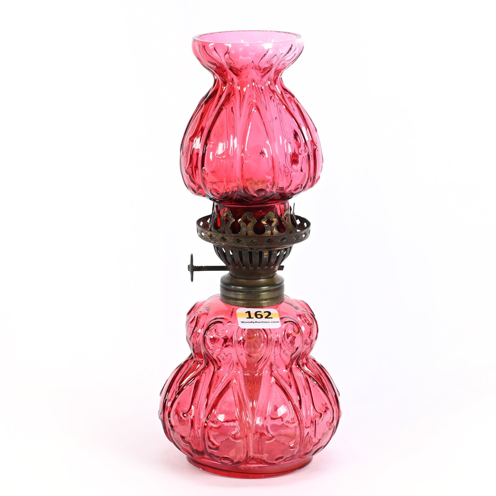 Miniature Lamp, Cranberry Art Glass, Embossed Mold: Miniature Lamp, Cranberry Art Glass, Embossed Mold, 9.25" x 4", Matching Chimney/Shade, Metal Fitting Is Not Original, Not Proper Size, Chimney Has Interior Rim Chip, Illinois Private Collection.
