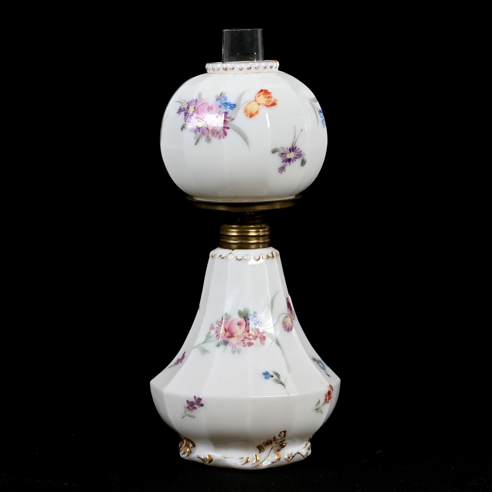 Miniature Lamp, Milk Glass: Miniature Lamp, Milk Glass, 8" x 4", Pairpoint Dresden, White With Scattered Colorful Floral Decor, Mark On Base Which Is Hard To Decipher, Illinois Private Collection.
