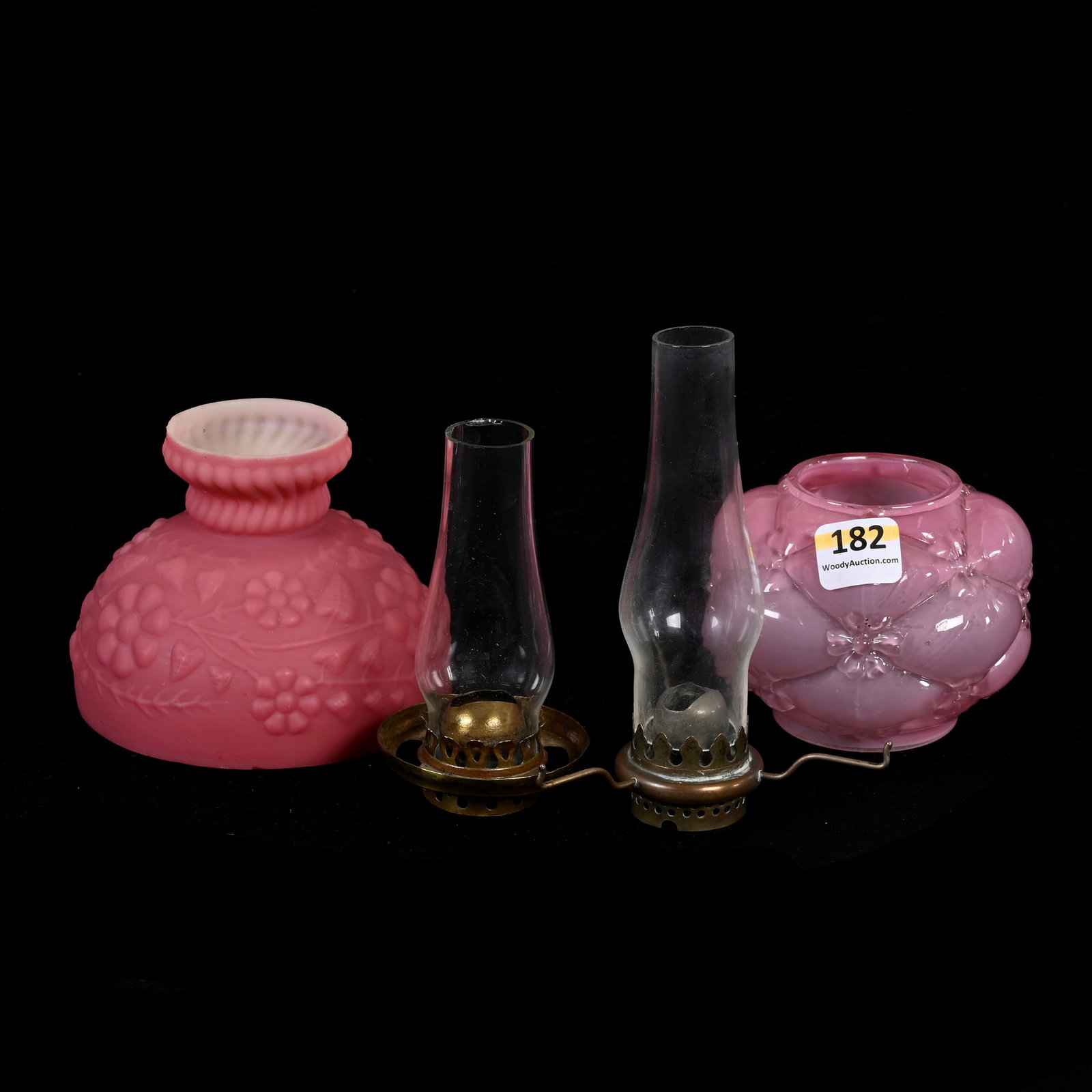 (2) Shades Only For Miniature Lamps: (2) Shades Only For Miniature Lamps, (1) Pink Satin Daisy And Vine, 3.875" Shade Diameter, (1) Cased Pink Opal Quilted Phlox, 2" Shade Diameter, Illinois Private Collection.