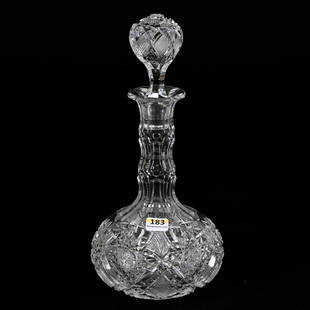 Decanter, American Brilliant Cut Glass: Decanter, American Brilliant Cut Glass, 11" x 5.5", Pattern Resembles Kimberly By Libbey, Pattern Cut Stopper, Hobstar Base, Vine Collection., Kansas