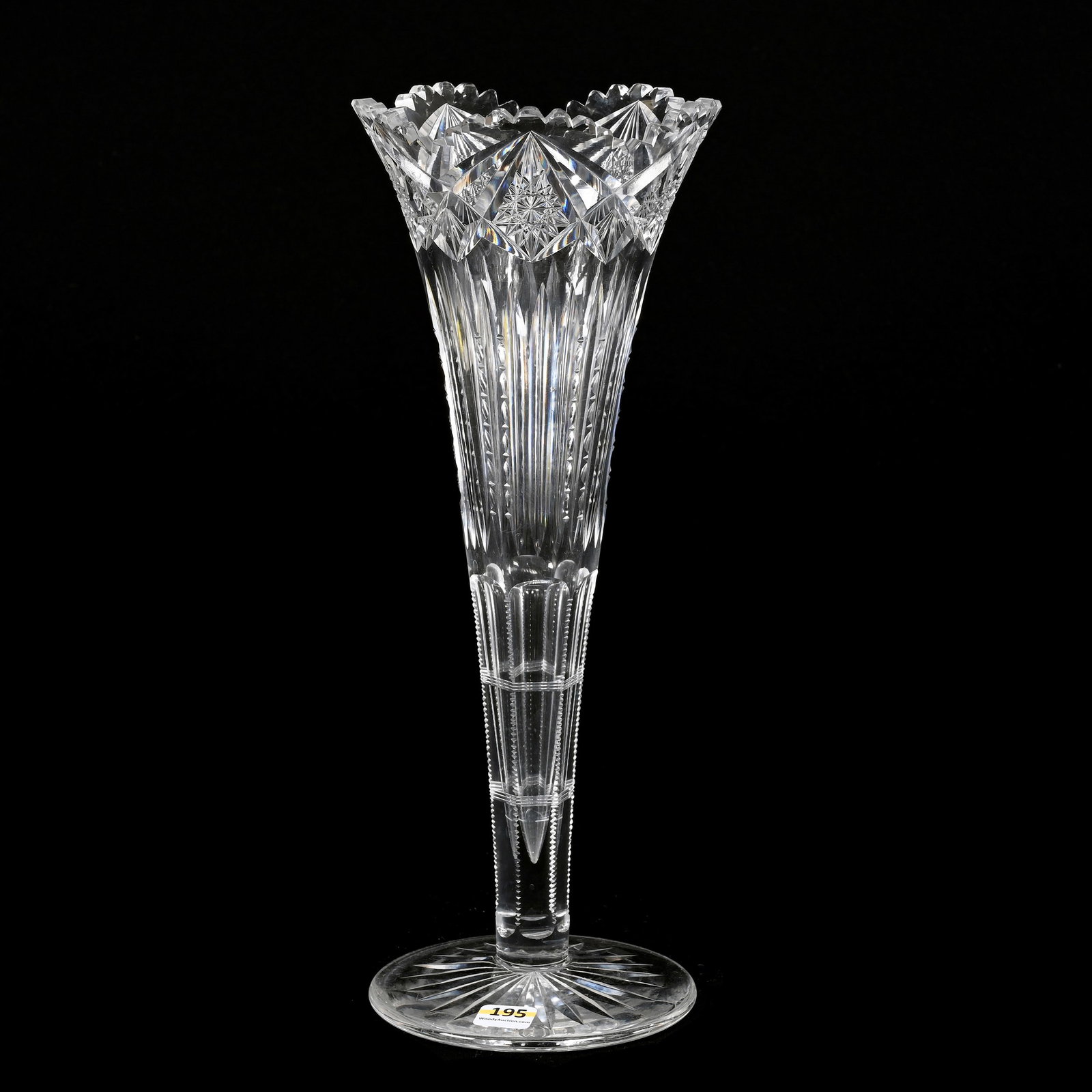 Trumpet Vase, American Brilliant Cut Glass: Trumpet Vase, American Brilliant Cut Glass, 14" x 5.5", Hobstar, Prism And Fan Motif, Ray Cut Foot, One Small Outside Tooth Chip, Alabama Private Collection.