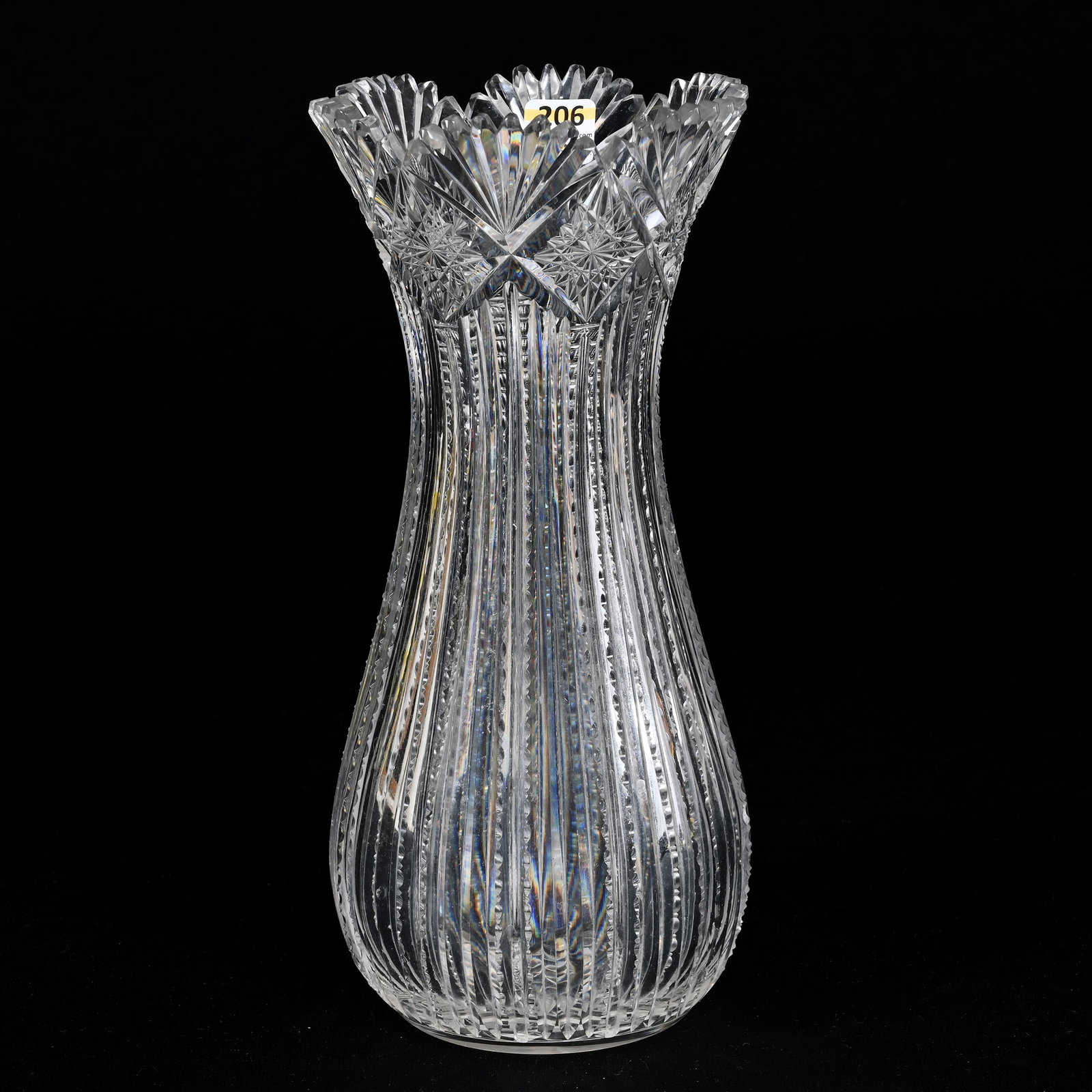 Vase, American Brilliant Cut Glass: Vase, American Brilliant Cut Glass, 11.25" x 5", Prism Cut Body, Hobstar And Fan Border, Hobstar Base, Minor Pattern Nicks, Alabama Private Collection.