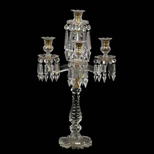 Candelabra, Four Arm, BPCG: Candelabra, Four Arm, BPCG, 23" x 13", Huge Scalloped Foot With St. Louis Diamond Cut Stem, Glass Ball Which Would Cover Connecting Parts Is Missing, Five Prisms Missing, One Bobeche Has Large Scallop