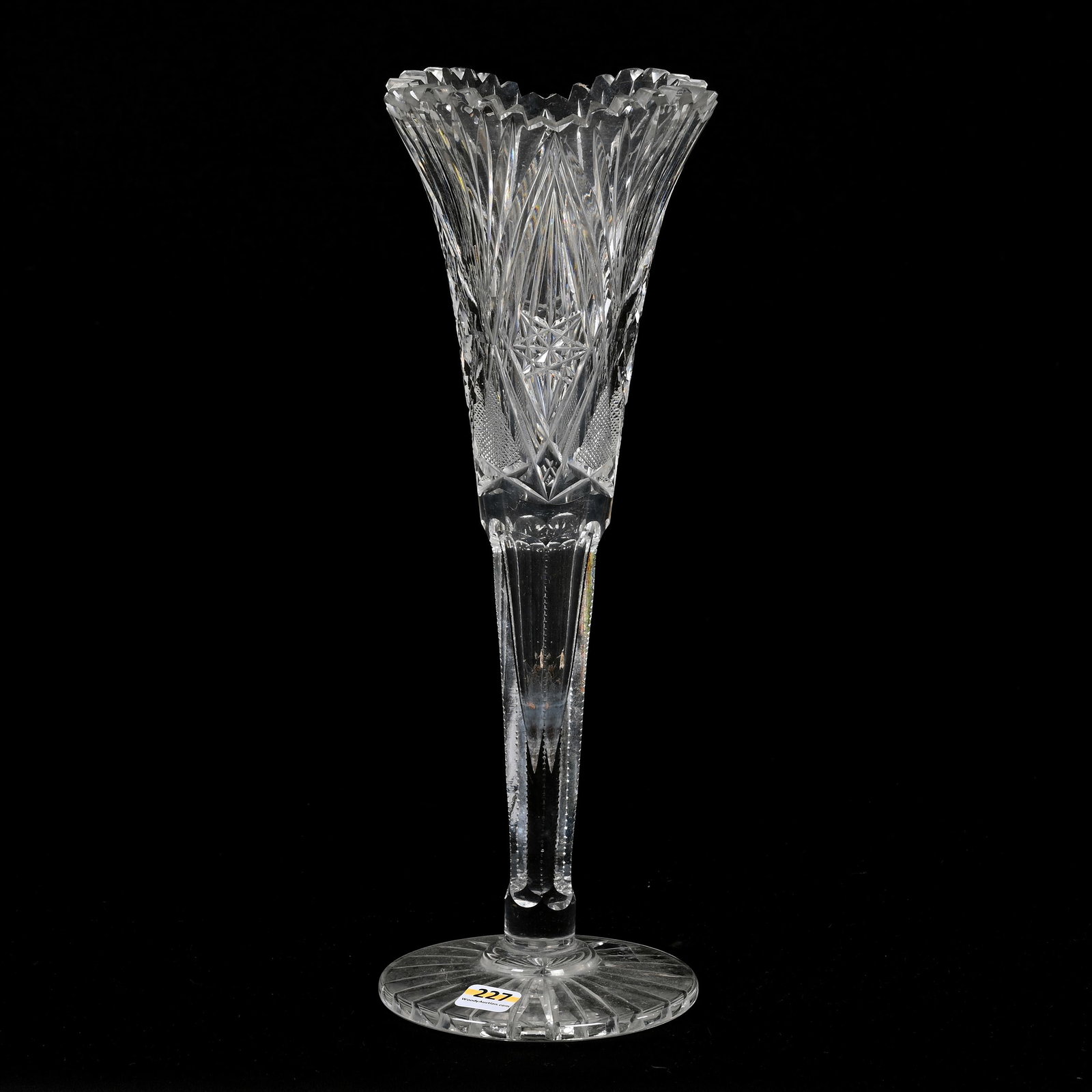 Trumpet Vase, American Brilliant Cut Glass: Trumpet Vase, American Brilliant Cut Glass, 14" x 5", Hobstar, Crosscut Diamond, Strawberry Diamond And Fan Motif, Ray Cut Foot, Alabama Private Collection.