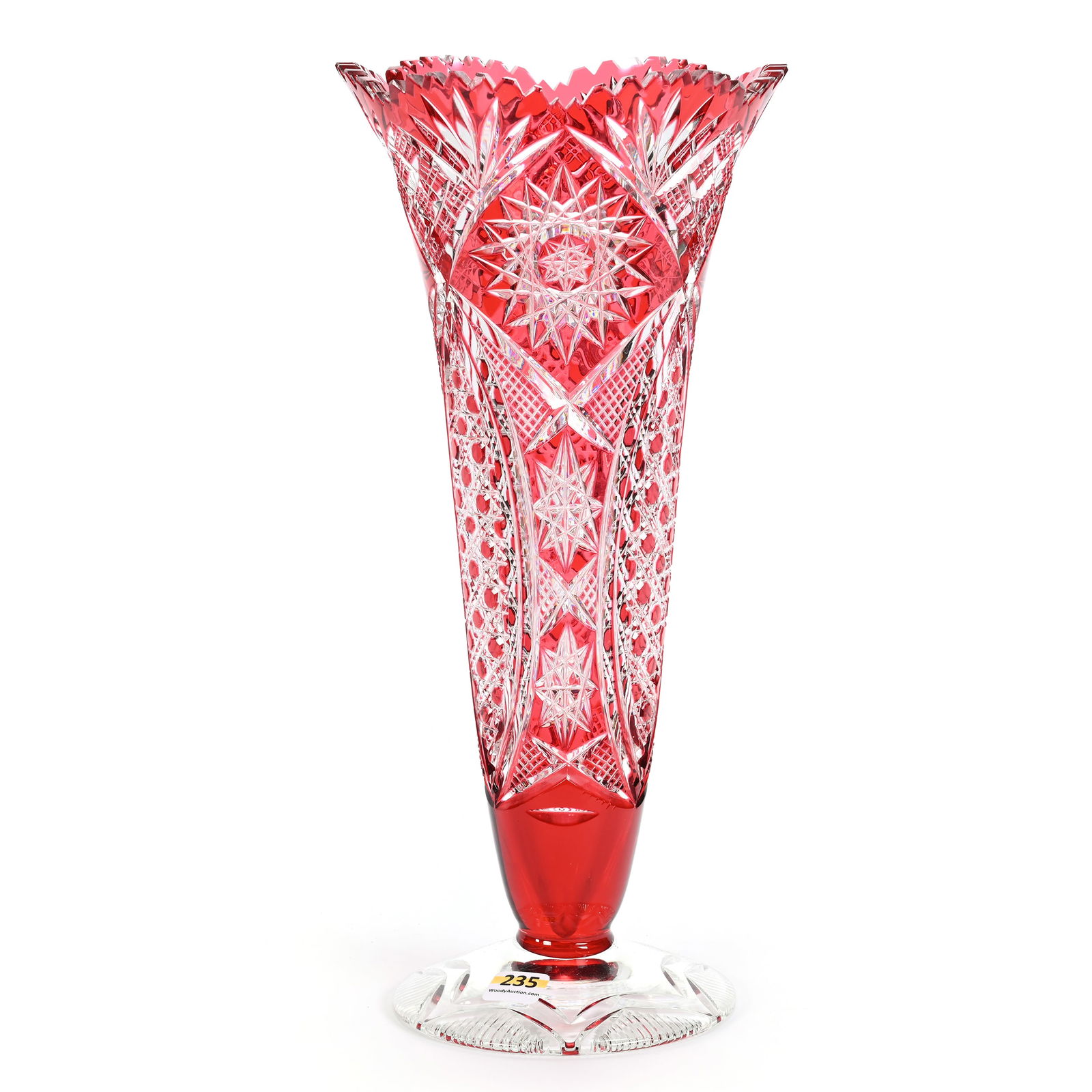 Trumpet Vase, BPCG, Red Cut To Clear: Trumpet Vase, BPCG, Red Cut To Clear, 13.75" x 6.25", Hobstar, Vesica, Cane, Strawberry Diamond, Crosscut Diamond And Fan Motif, Three Outside Rim Tooth Chips, Alabama Private Collection.