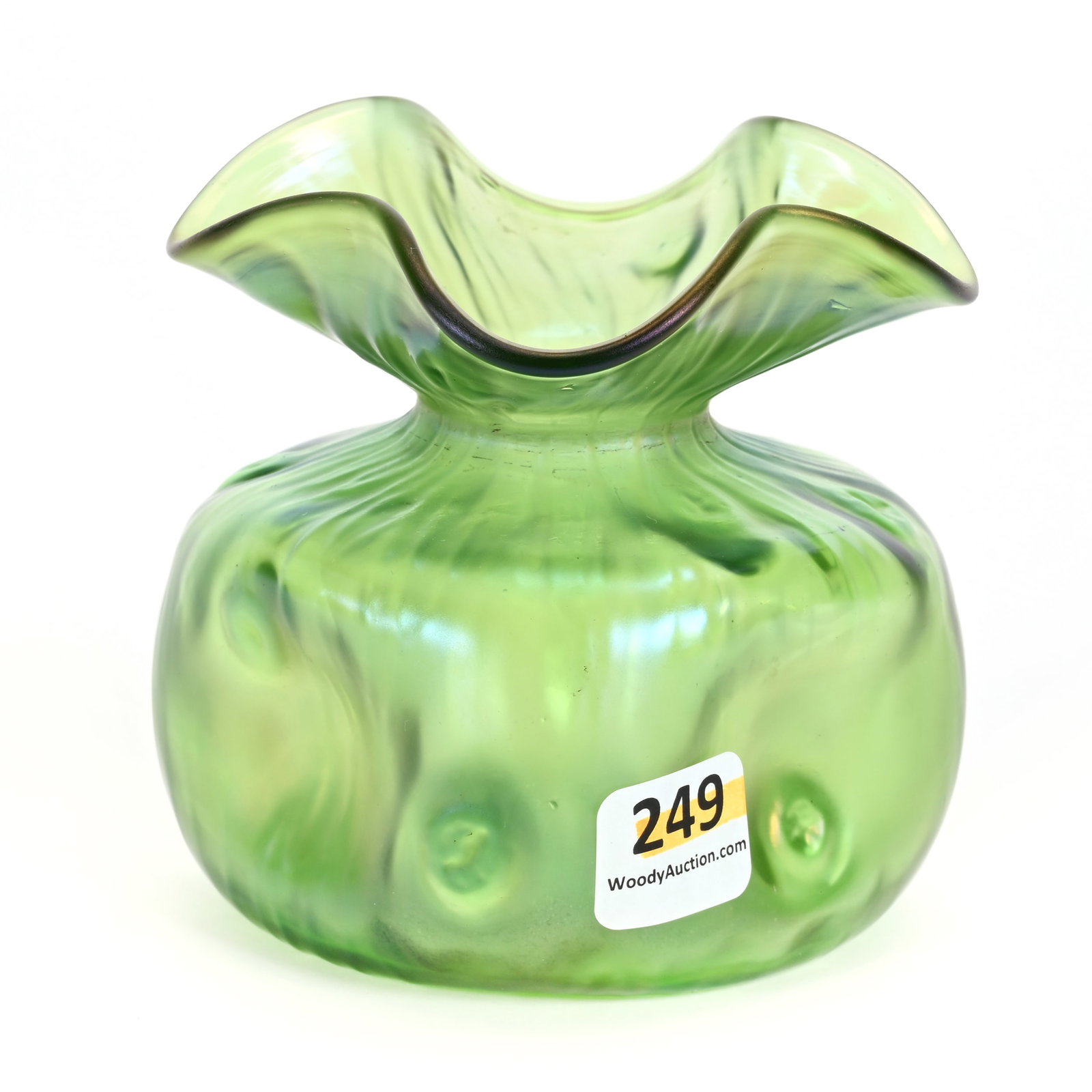 "Spittoon" Vase, Unmarked Loetz Style Art Glass: "Spittoon" Vase, Unmarked Loetz Style Art Glass, 3.75" x 3.25", Green Iridescent, Kansas Private Collection.
