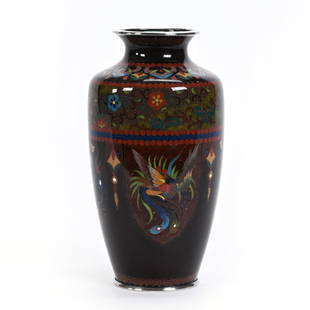 Vase, Japanese Cloisonne Meiji: Vase, Japanese Cloisonne Meiji, 7.25" x 3.75", Dark Background With Shield Shape Bird And Dragon Designs, Kansas Private Collection.