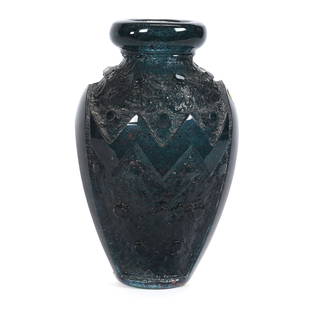 Vase Signed Daum Nancy French Art Glass: Vase Signed Daum Nancy French Art Glass, 8.25" x 5", Art Deco Design, Dark Mottled Aqua With Unique Acid Cut Relief, Surface Bruise, Kansas Private Collection.