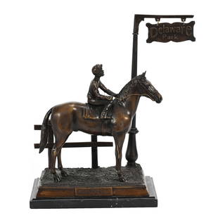 Bronze Figural Group Titled "Delaware Park": Bronze Figural Group Titled "Delaware Park", 13.25" x 11.5" x 6", Bronze Features Jockey On Horse, Contemporary, No Artist Mark Visible, Black Marble Base, Kansas Private Collection.