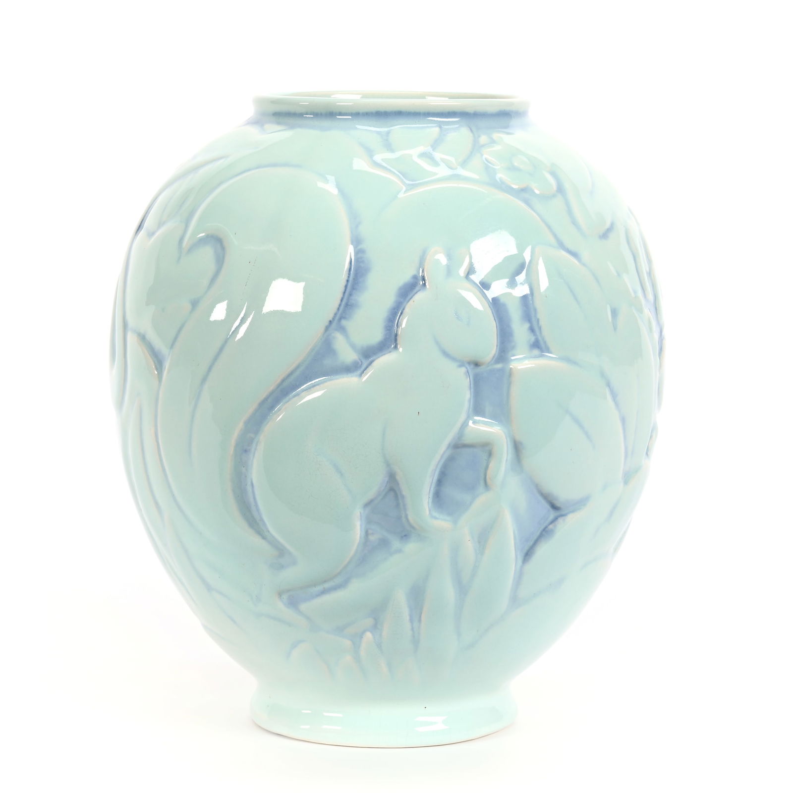 Vase Marked Cowan Art Pottery: Vase Marked Cowan Art Pottery, 8.5" x 7" , Embossed Swirl Design, Turquoise, Designed By Waylande Gregory (1905-1971), Kansas Private Collection.