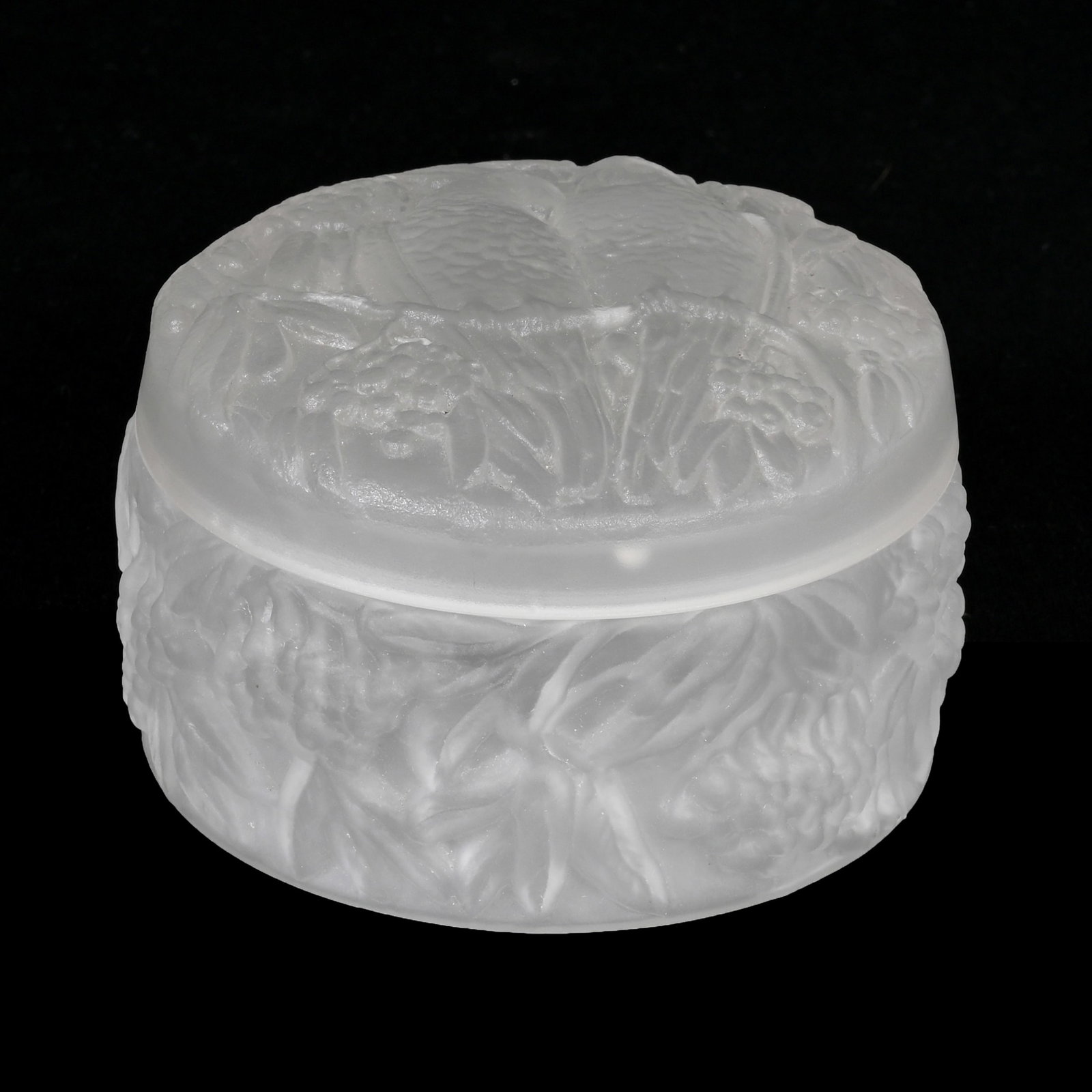 Round Covered Box, Frosted Art Glass: Round Covered Box, Frosted Art Glass, 2.5" x 4.25", Embossed Design With Parakeet And Fruit Decor, In Style Of Verlys, Unknown Maker, Some Light Interior Rim Nicks, Kansas Private Collection.