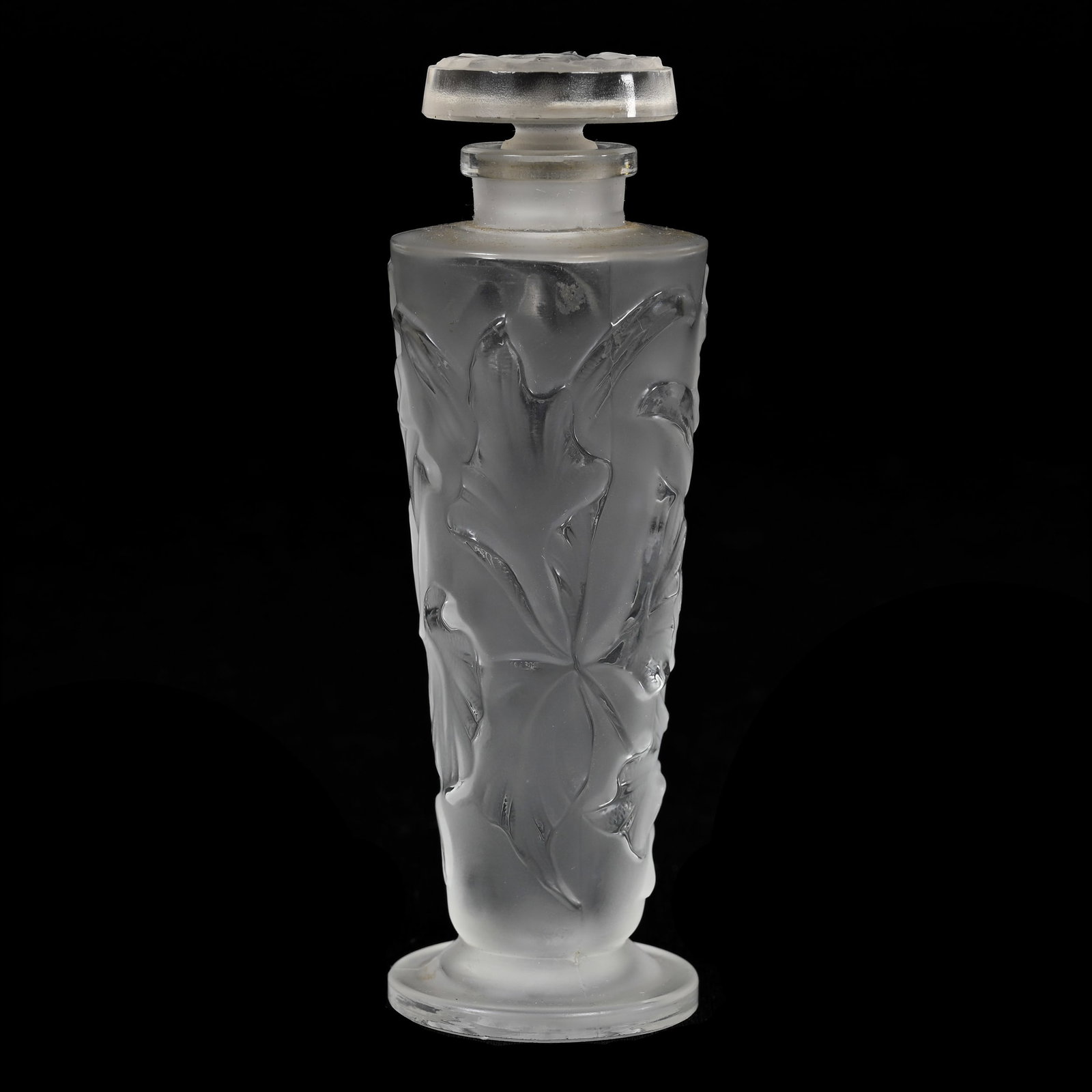 Perfume Bottle, Frosted Art Glass: Perfume Bottle, Frosted Art Glass, 4.5" x 1.5", Embossed Orchid Decor, Attributed To Sabino, Kansas Private Collection.