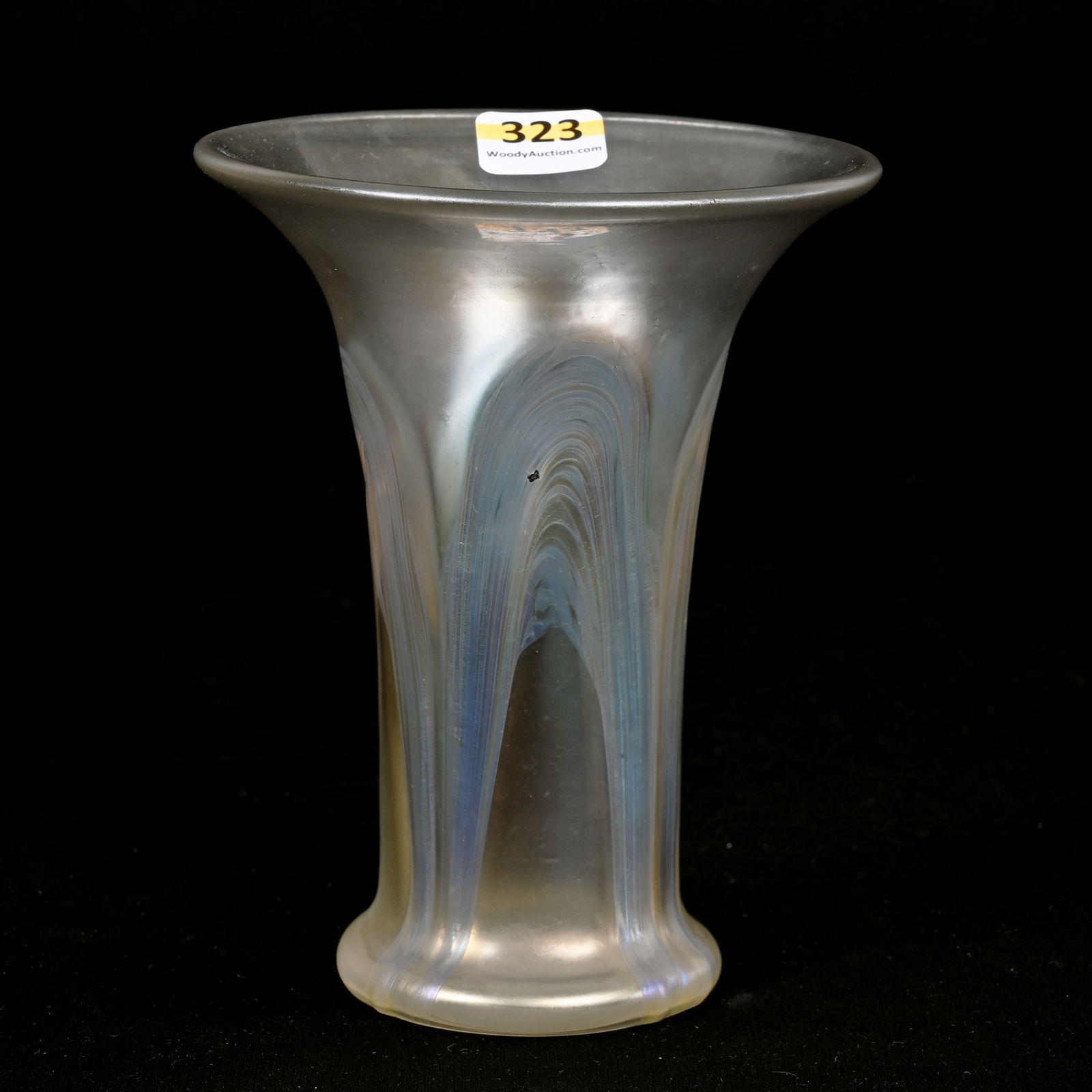 Vase, Iridescent White, Gold Pulled Loop Design: Vase, Iridescent White, Gold Pulled Loop Design, 5.75" x 4.5", Art Glass, Polished Pontil Base, Unidentified Maker, Kansas Private Collection.