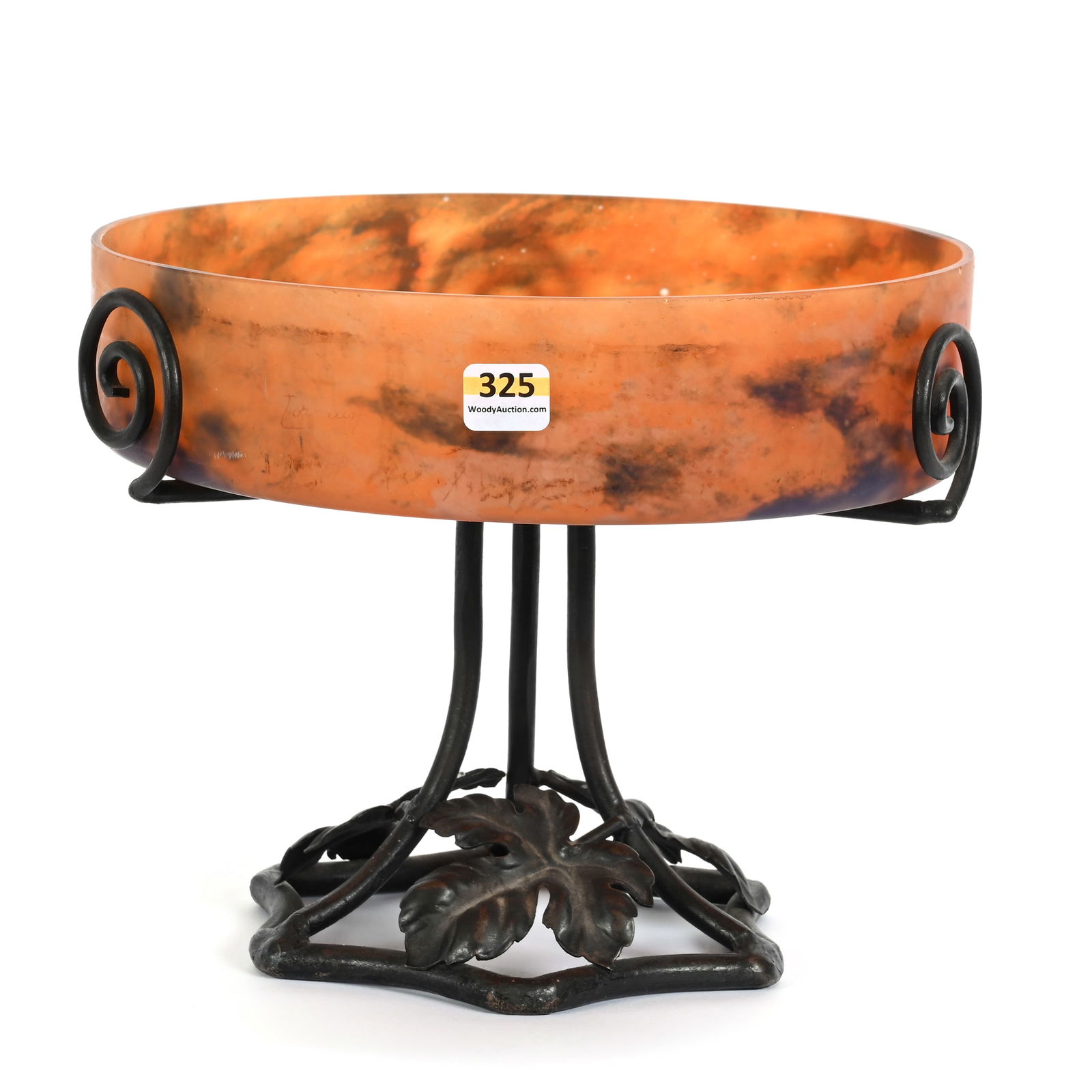 Pedestal Center Bowl Signed Lorraine French Art Glass: Pedestal Center Bowl Signed Lorraine French Art Glass, 8" x 10", Bowl Is Orange, Yellow, Blue And White Design, Bowl Is Set On Wrought Iron Frame, Kansas Private Collection.