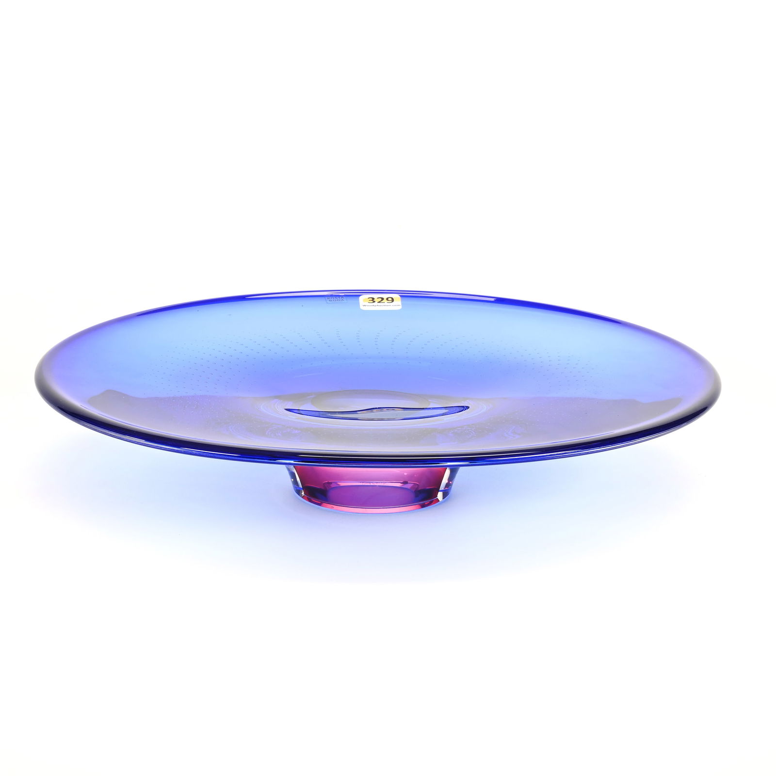 Oval Tray, Contemporary Art Glass Signed Kosta Boda: Oval Tray, Contemporary Art Glass Signed Kosta Boda, 2.5" x 13.5" x 10", #7029810, Artist Signed Goran Warff, Blue And Pink Tones With Controlled Bubble Design, Kansas Private Collection.