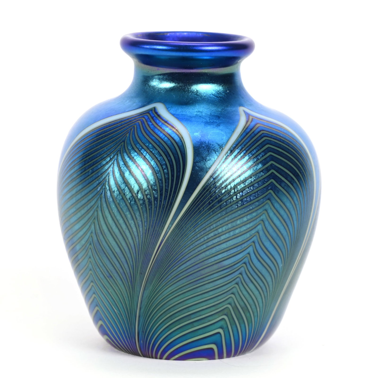 Vase Marked Orient And Flume, Dated 1985: Vase Marked Orient And Flume, Dated 1985, 4" x 3.25", Contemporary, Blue Iridescent With Pulled Feather Design, Kansas Private Collection.