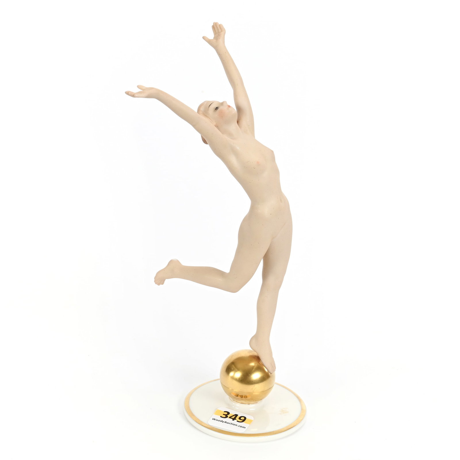 Figurine Marked Hutschenreuther: Figurine Marked Hutschenreuther, 8" x 4.25", Nude Balancing On Ball, Artist Marked K. Tutter, Kansas Private Collection.